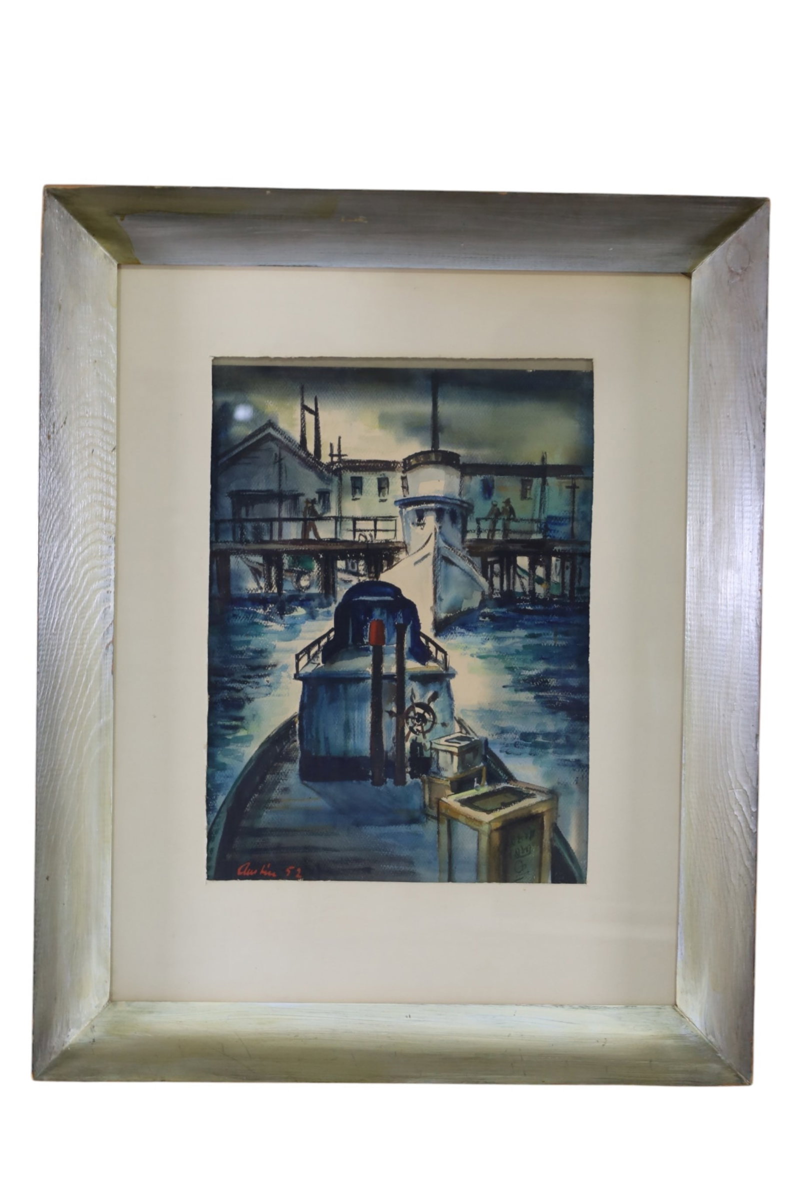 HARBOR SCENE WATERCOLOR: FRAMED UNDER GLASS, SIGNED AUSTIN. DATED 1952. PAINT LOSS TO FRAME. 26" x 32"