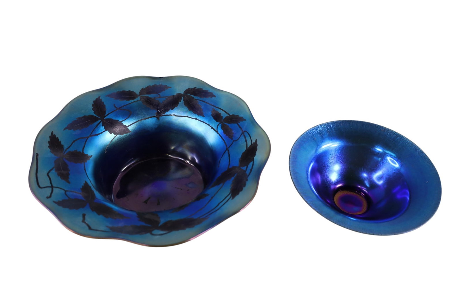 2 ART GLASS BOWLS: TIFFANY FAVRILE ART GLASS BOWL,ELECTRIC BLUE FRUIT (AS IS) 10" DIAM & STEUBEN AURENE ART GLASS BOWL. 6 1/2" DIAM.