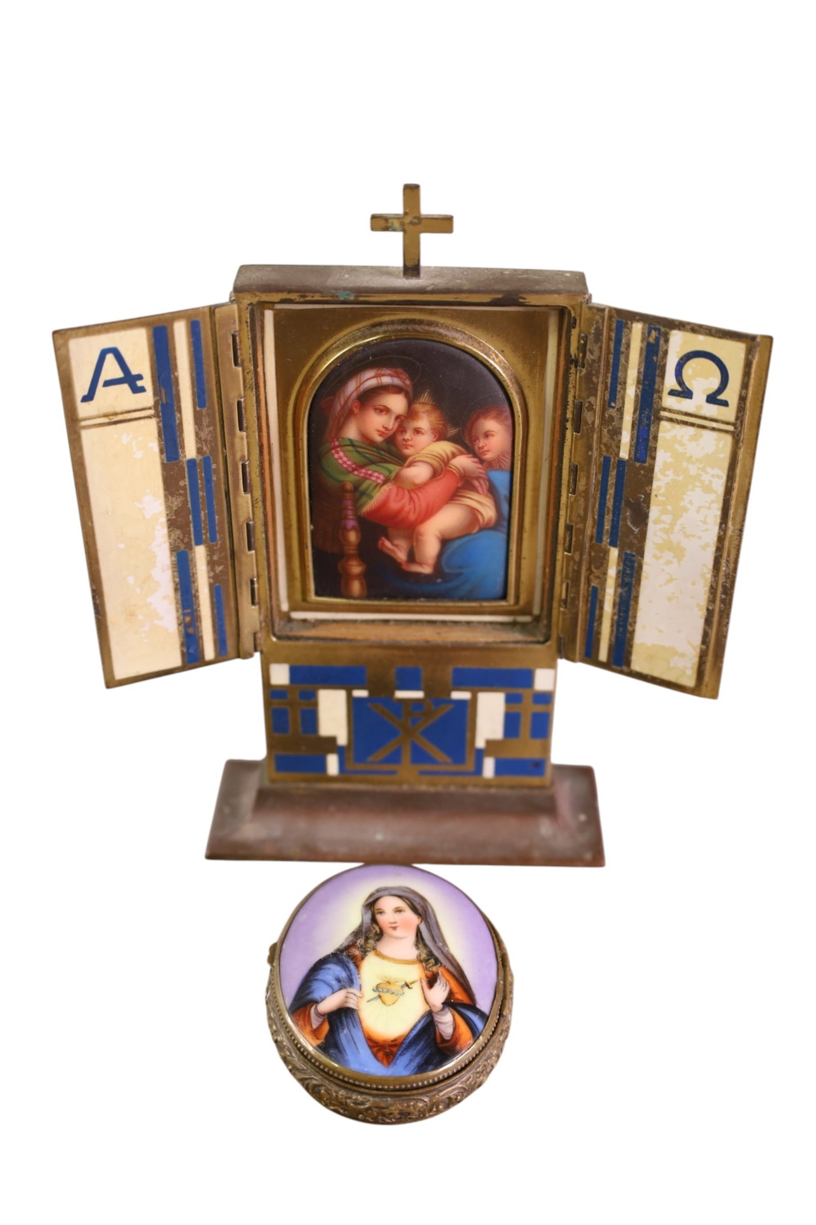 2 RELIGIOUS ITEMS: PORCELAIN FRAMED PLAQUE IN ENAMEL CASE, & PILL BOX WITH PAINTED PORCELAIN LID AND MOTHER OF PEARL BASE. 7" H & 2 1/2" W.