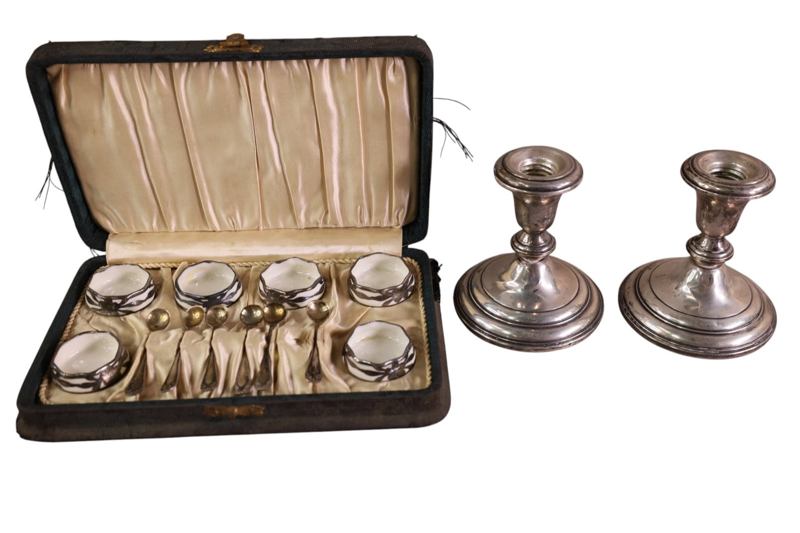SILVER OVERLAID SALTS & STERLING CANDLESTICKS (1 of 4)