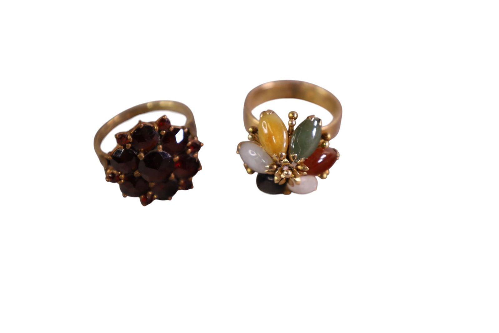 2 VINTAGE 14K RINGS: 14K GOLD GARNET RING SIZE 6.5 & 14K GOLD MULTO STONE LADIES RING. SIZE 5.5. APPROX 8 GRAMS TOTAL,