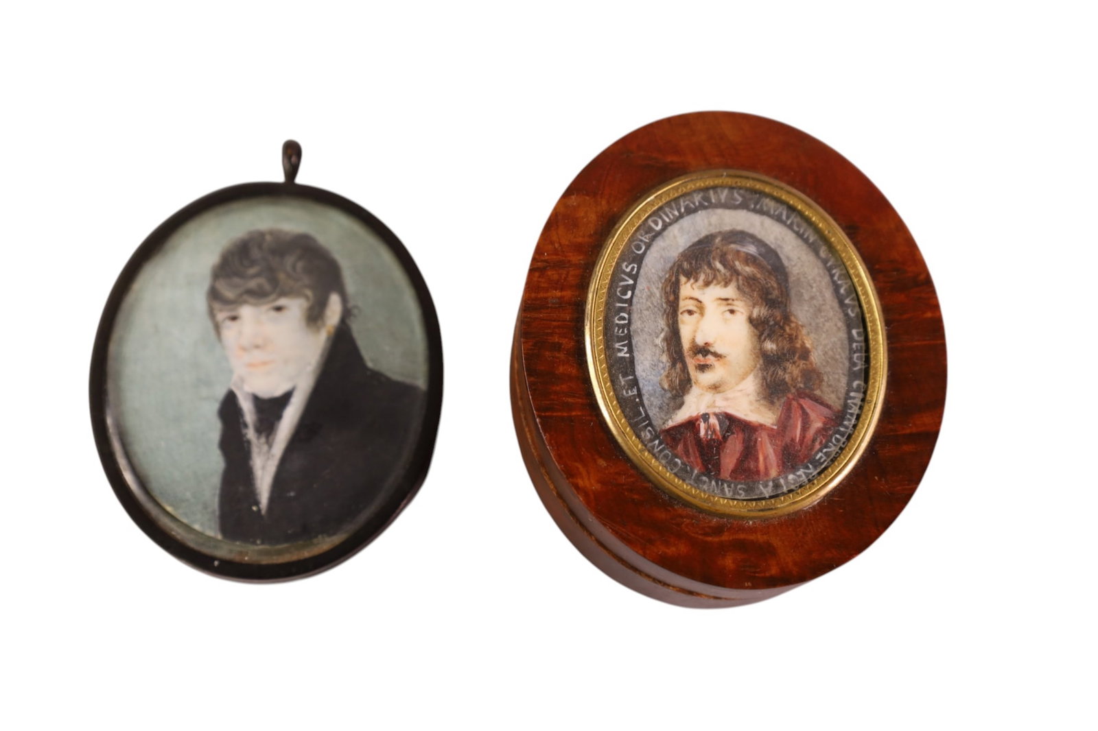 2 ANTIQUE MINIATURE PORTRAITS: 2 ANTIQUE PORTRAITS, DOUBLE SIDED PORTRAIT PENDANT & BURL LIDDED BOX WITH PORTRAIT LID. 3" H.