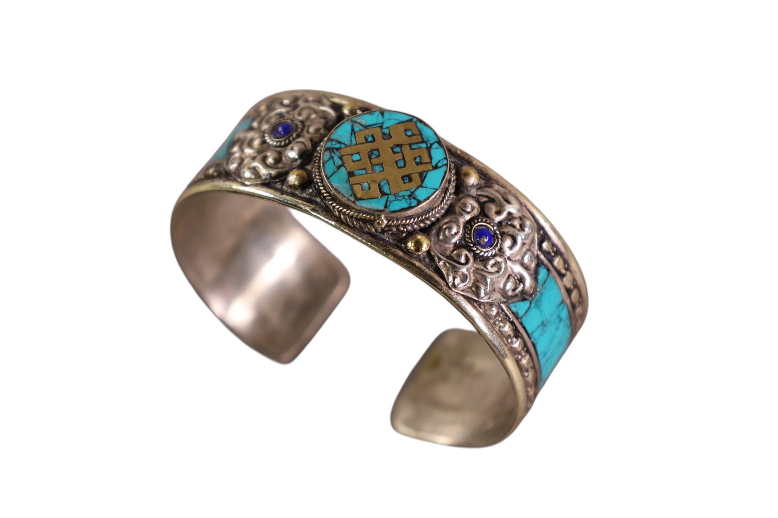 SILVER & TURQUOISE BRACELET: SILVER AND TURQUOISE BRACELET WITH GOLD INLAY, 2 1/2" W