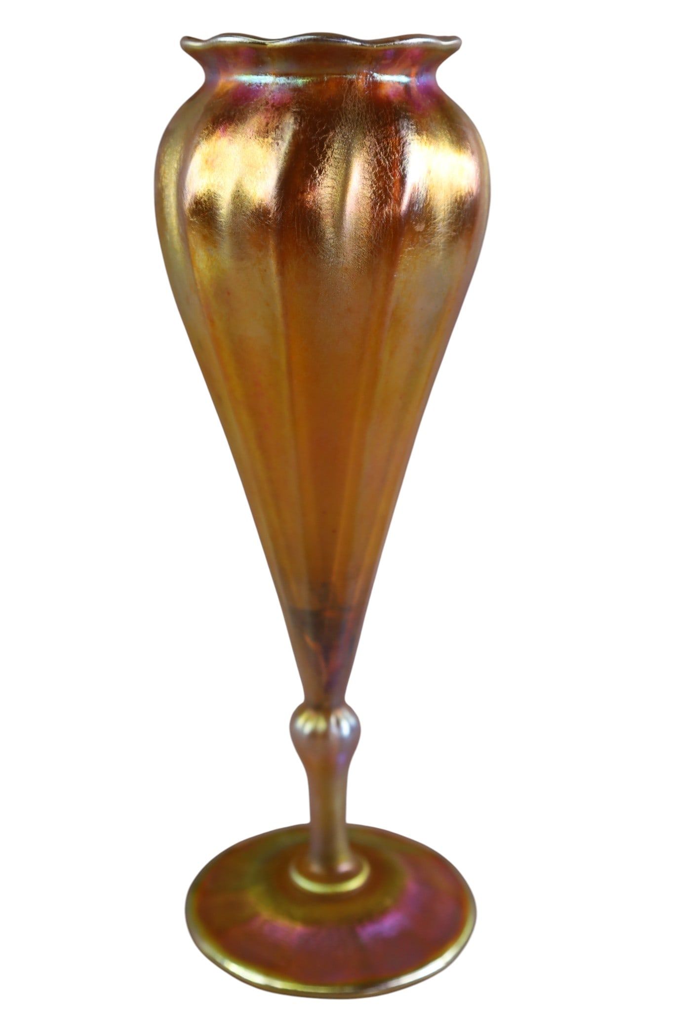 TIFFANY ART GLASS VASE: LCT FAVRILE ART GLASS VASE, No 6687. CRACK TO STEM. 11" H.