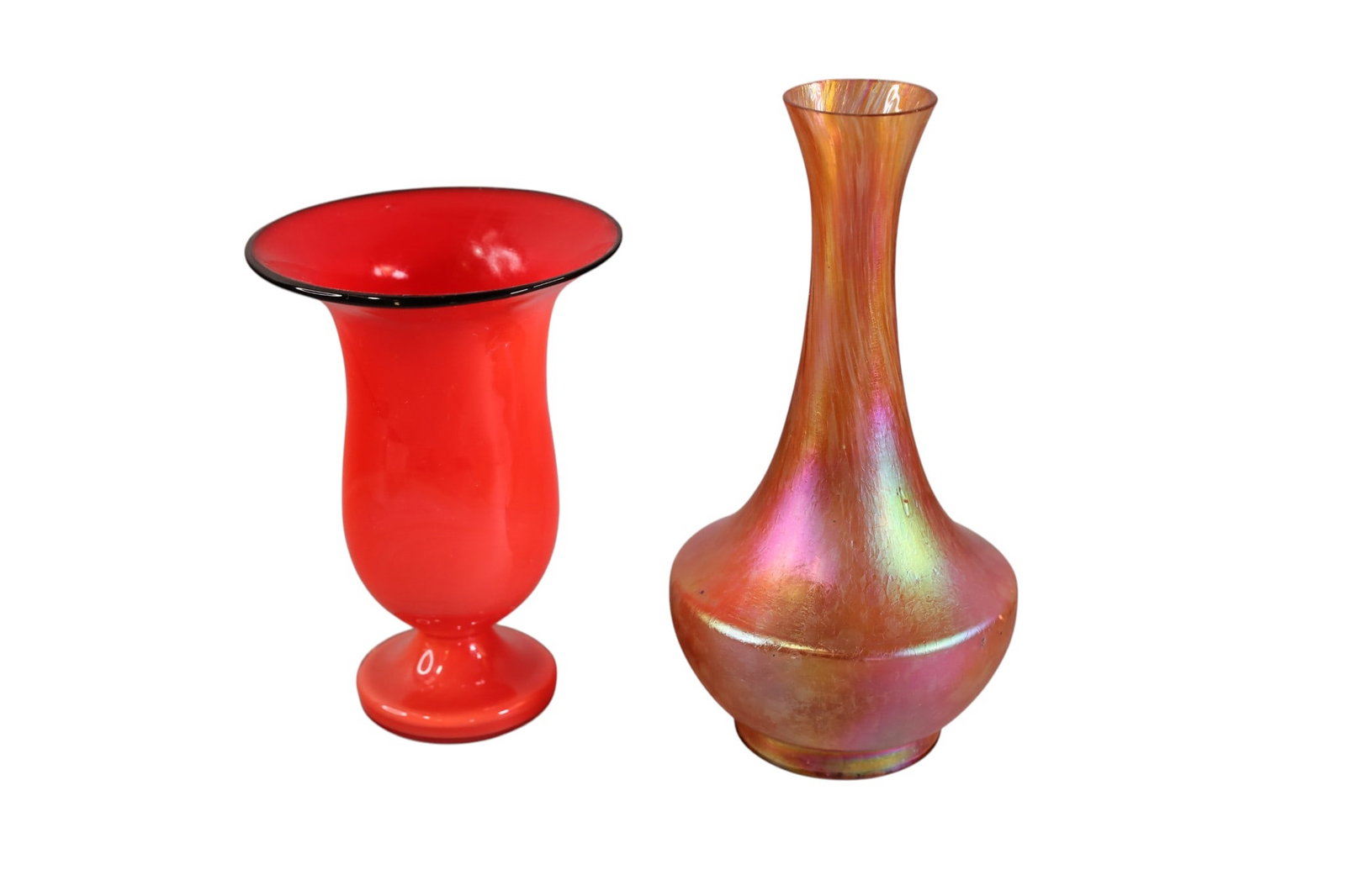 2 PIECES OF ART GLASS: TANGO RED VASE WITH BLACK RIM & GOLD IRIDESCENT VASE, ATTRIBUTED TO LOETZ. 9" H & 7" H.