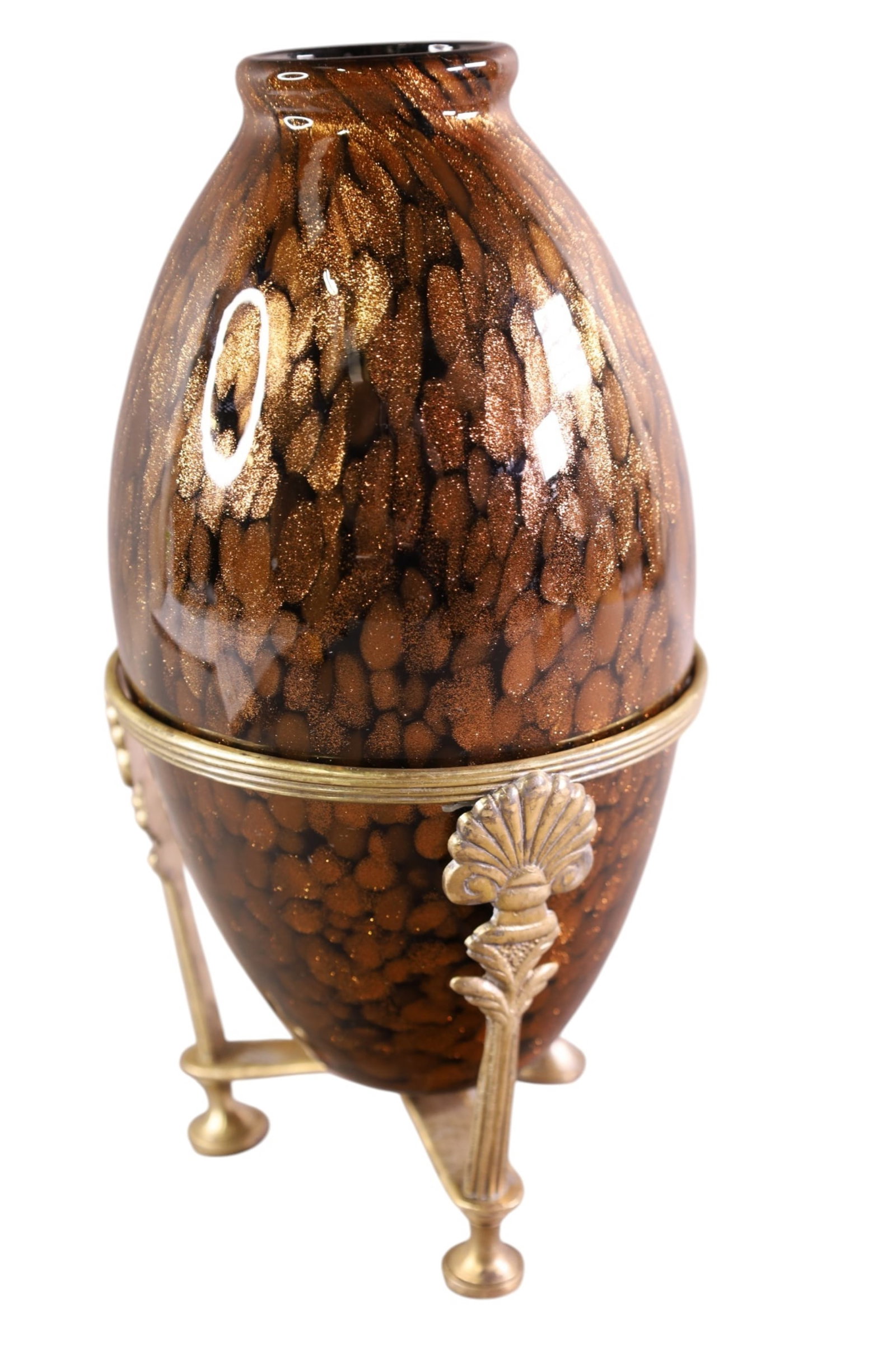 MURANO ART GLASS VASE: UNMARKED MURANO AVVENTURINA ART GLASS VASE, IN STAND. 9" H.