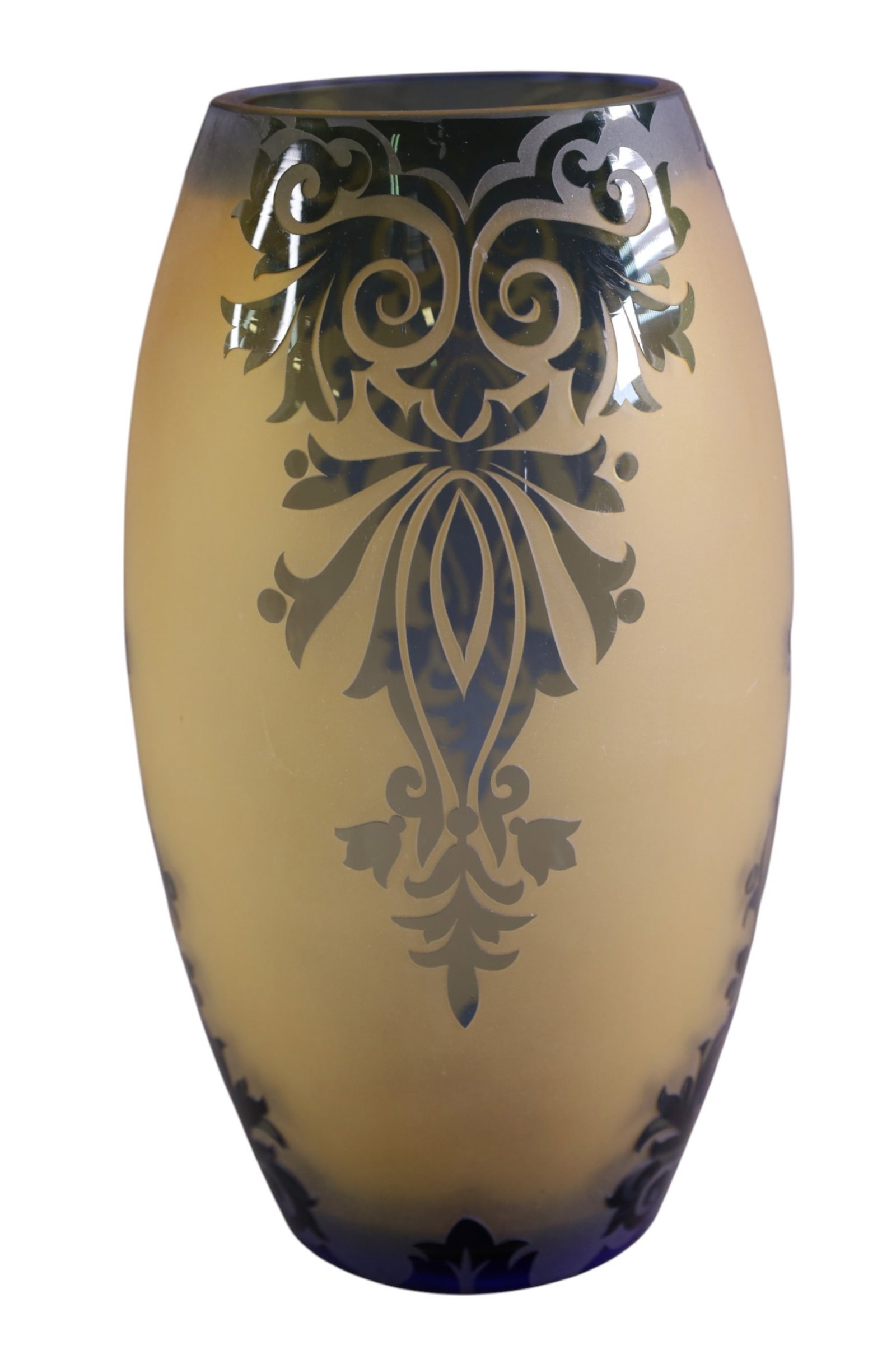 ART GLASS VASE: CAMEO ART GLASS ACID CUT VASE, 11" H.