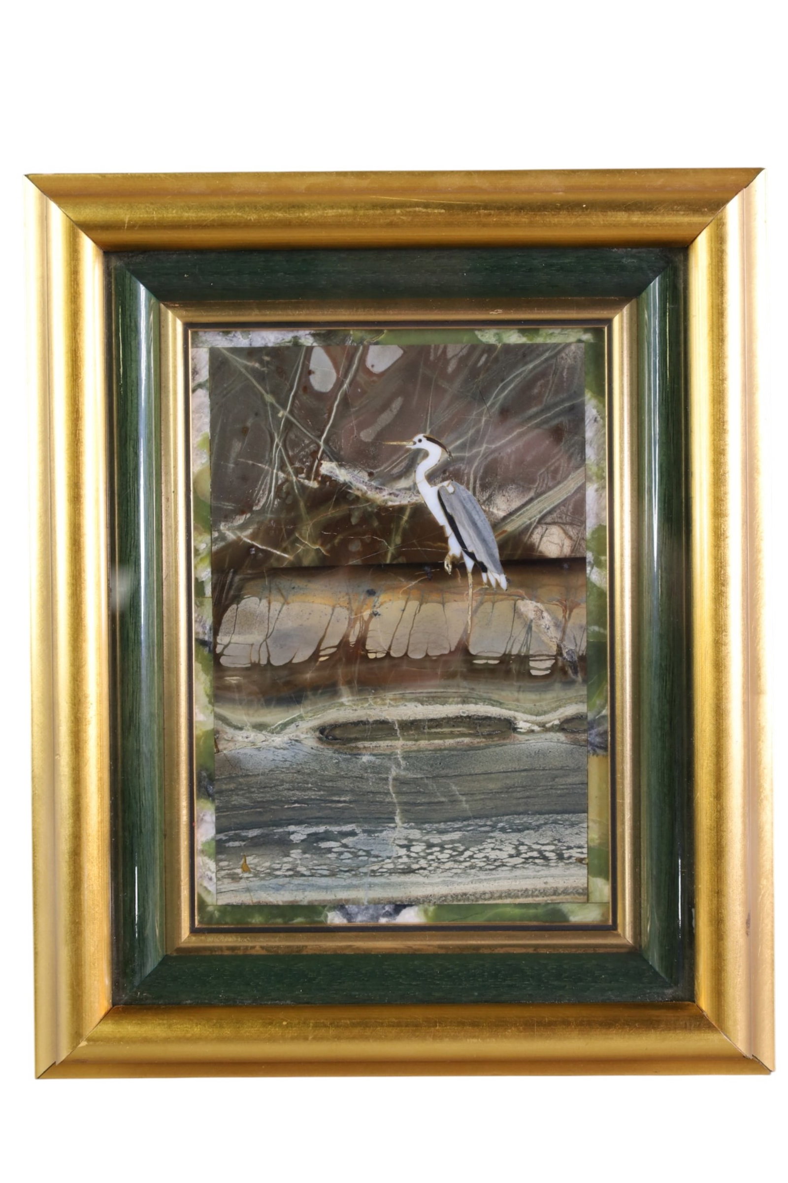 PIETRA DURA FRAMED MOSAIC: PIETRA DURA FRAMED MOSAIC, FRAMED UNDER GLASS, CRANE MOTIF. 10" x 13"