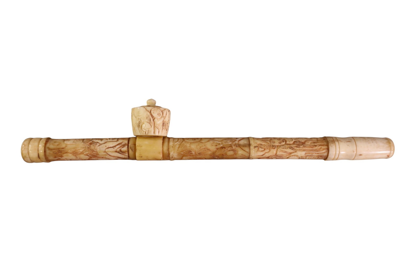 OPIUM PIPE: CARVED BONE FIGURAL OPIUM, CEREMONIAL OPIUM PIPE. 15 1/2" L