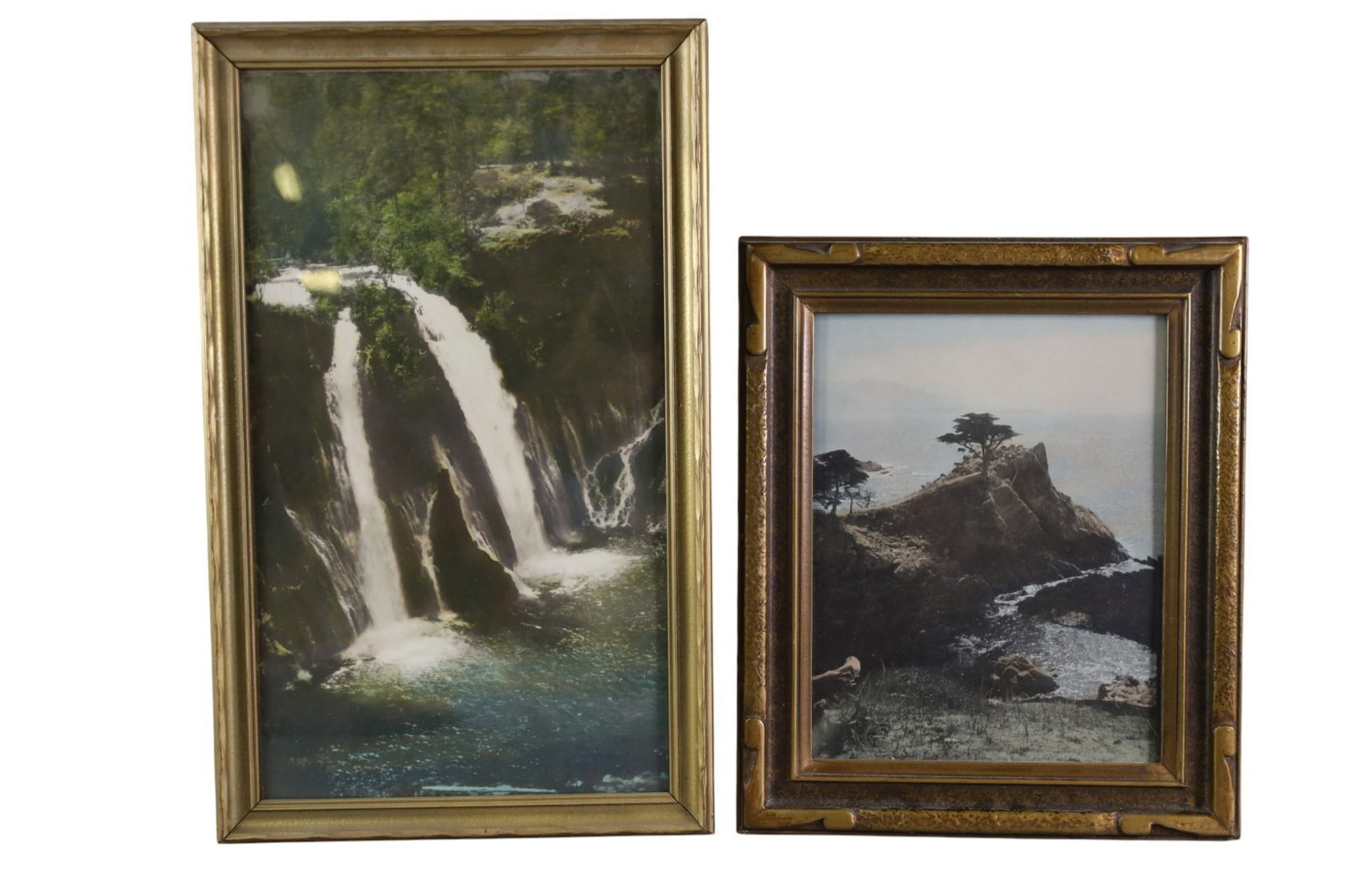 2 1920'S HAND TINTED PHOTOS: 2 FRAMED HAND TINTED PHOTOS, THE LONE CYPRESS & BURNEY WATERFALL HAND TINTED PHOTOS. 11" x 13" & 11" x 18"