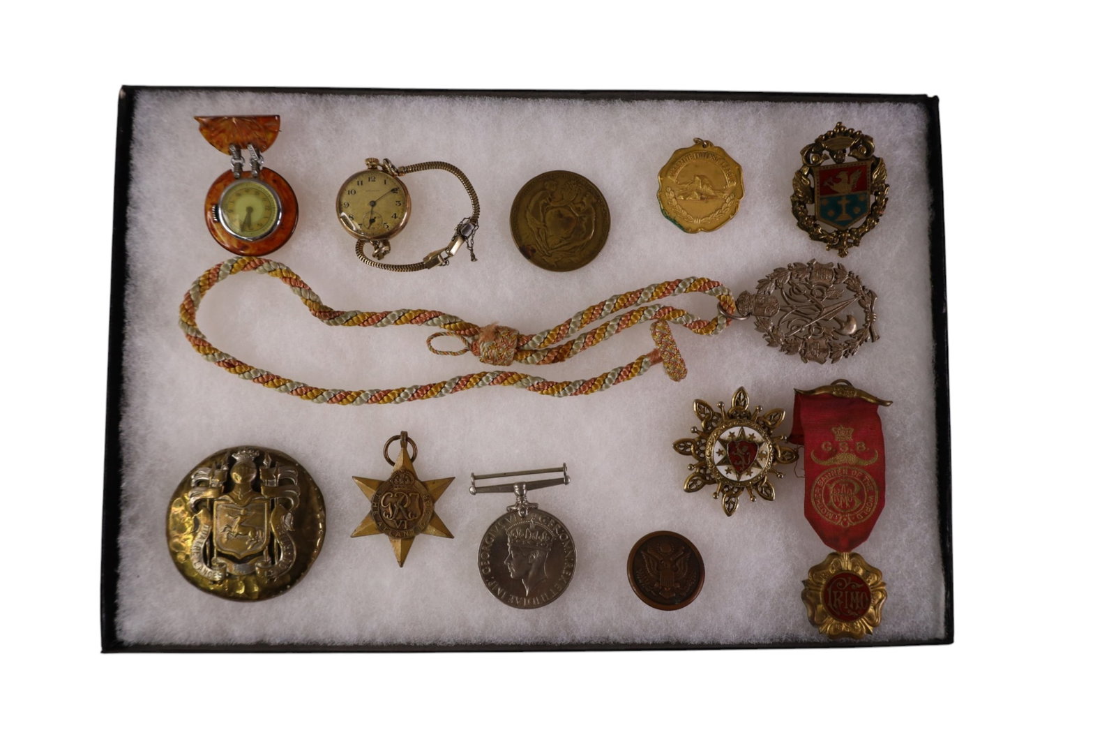 COLLECTION OF MEDALLIONS, MEDALS, & WATCHES: 12 PCS. MISC MEDALLIONS, MEDALS, & WATCHES.