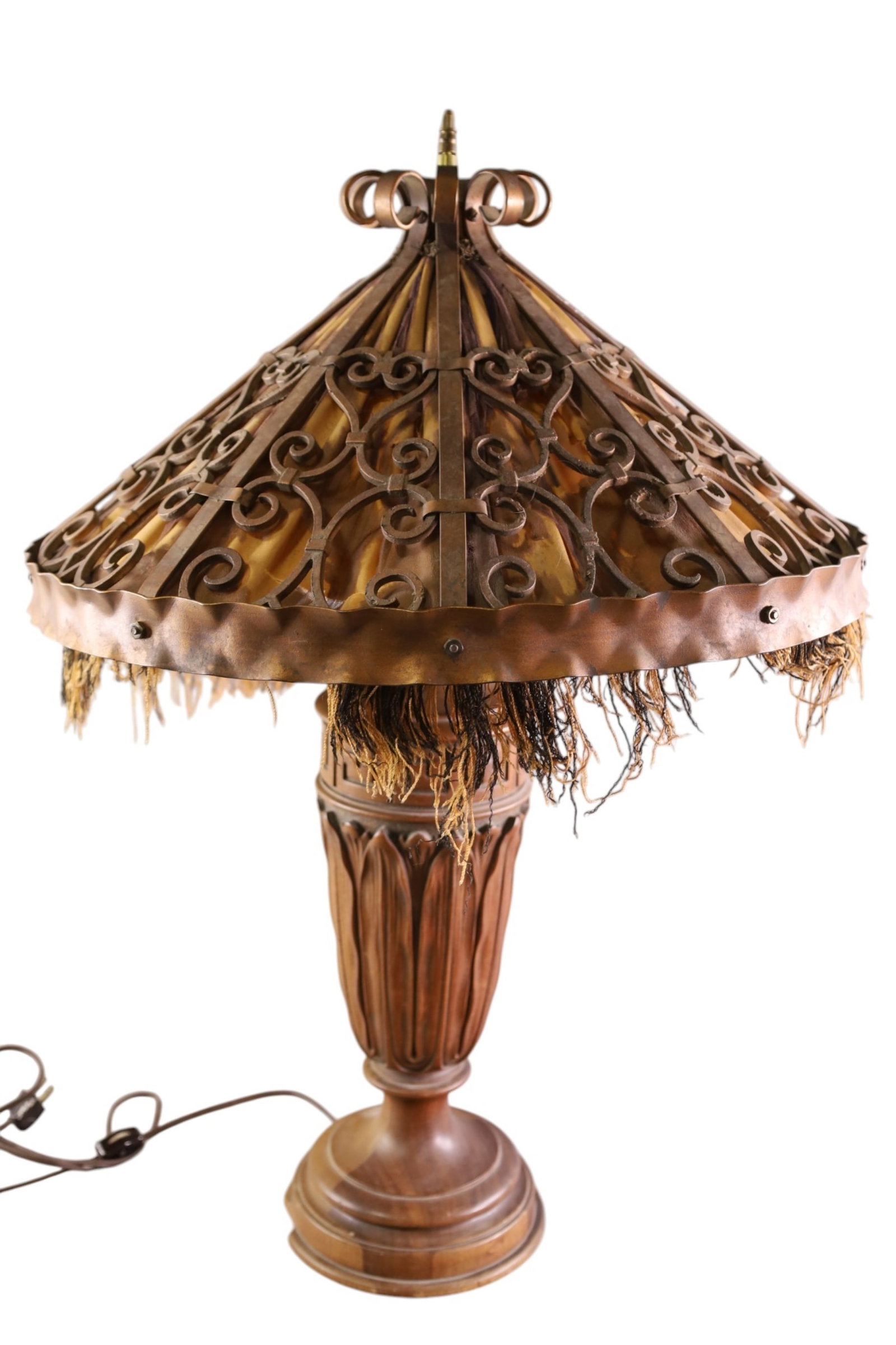 CARVED WOOD TABLE LAMP: CARVED WOOD TABLE LAMP, FABRIC SHADE, CHIP TO BASE. RIPPED SHADE. 20" DIAM x 29" H.