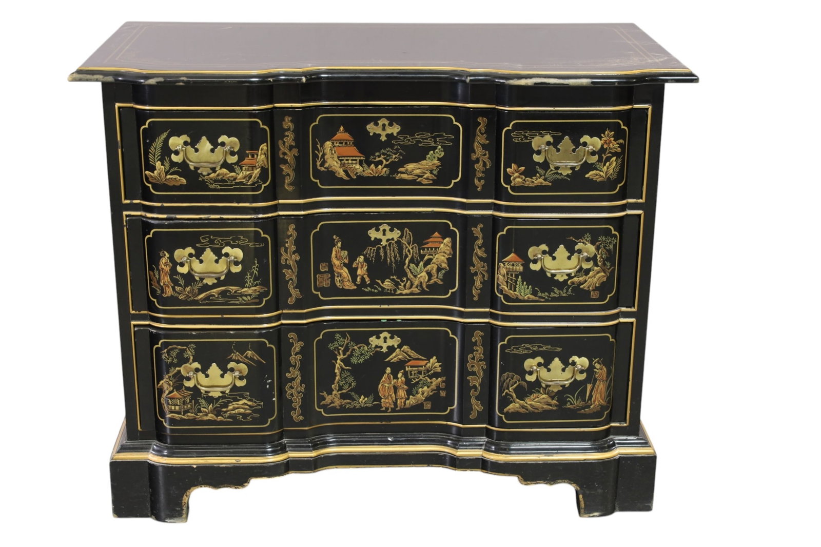 DREXEL CHEST: THREE DRAWER CHINOISERIE DREXEL CHEST. ETCETERA COLLECTION. SCRATCHES. 38" W x 19" D x 31" H. THIS ITEM EXCEEDS SIZE LIMITATIONS FOR IN HOUSE SHIPPING, MUST BE PICKED UP IN HOUSE OR SHIPPED VIA 3rd