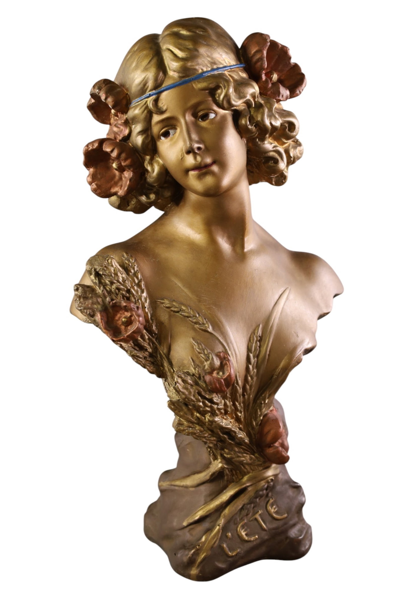 ART NOUVEAU PLASTER LADY BUST: ART NOUVEAU PLASTER BUST, L' ETE. 18 1/2" H.