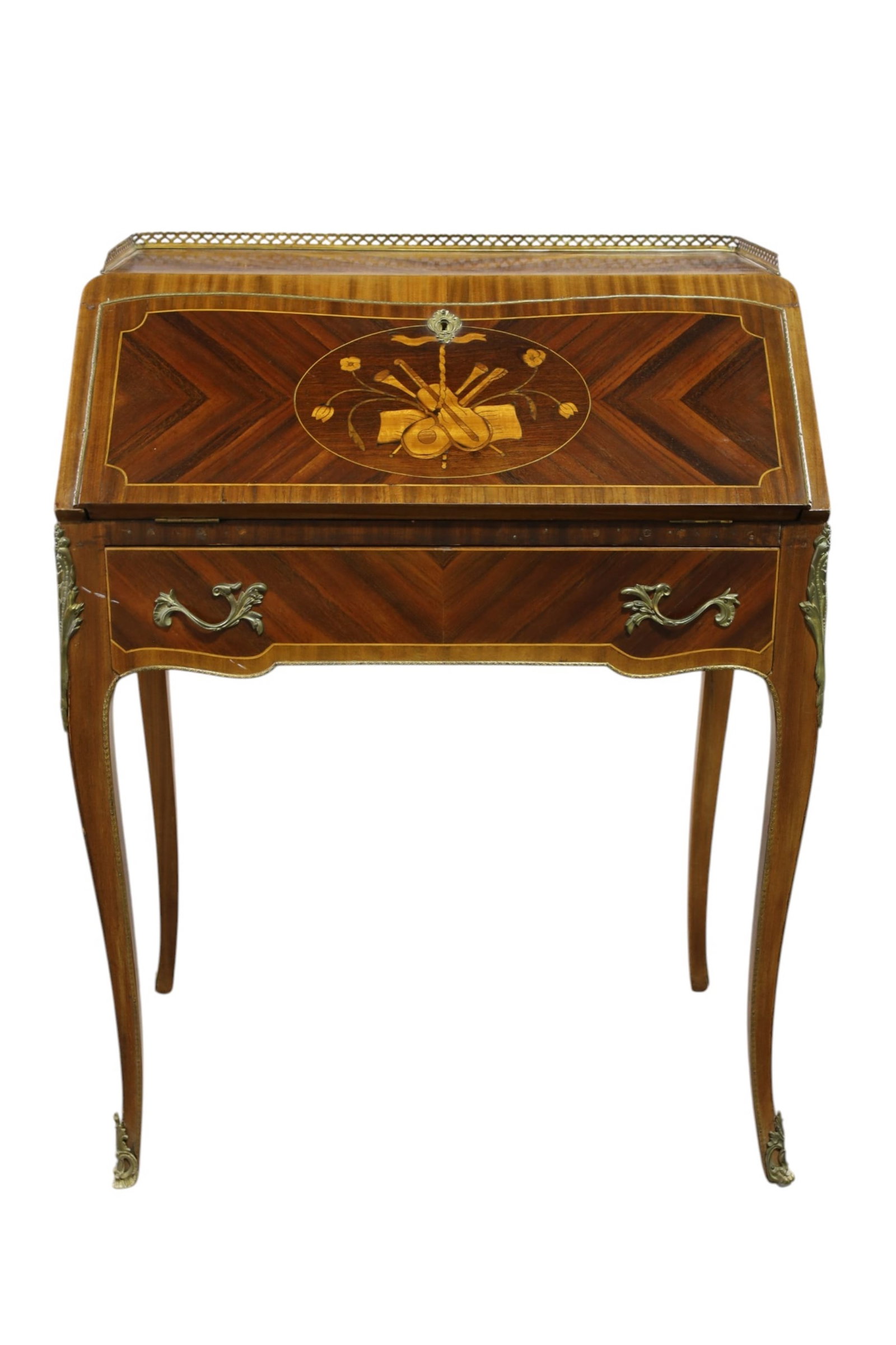 INLAID FRENCH DROP FRONT WRITING DESK: INLAID WRITING DESK WITH BRASS GALLERY, MUSIC SCENE INLAY. 29"W x 18" D x 38"H. THIS ITEM EXCEEDS SIZE LIMITATIONS FOR IN HOUSE SHIPPING, MUST BE PICKED UP IN HOUSE OR SHIPPED VIA 3rd PARTY GROUND