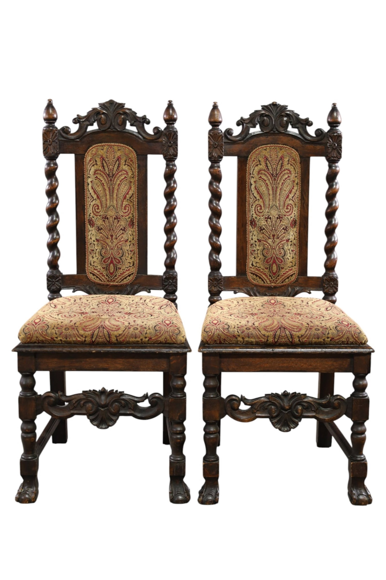 PAIR OF ANTIQUE BARLEY TWIST CHAIRS: PAIR OF OAK BARLEY TWIST SIDE CHAIRS, WEAR TO FINISH. 19" W x 17" D x 43" H. THIS ITEM EXCEEDS SIZE LIMITATIONS FOR IN HOUSE SHIPPING, MUST BE PICKED UP IN HOUSE OR SHIPPED VIA 3rd PARTY GROUND