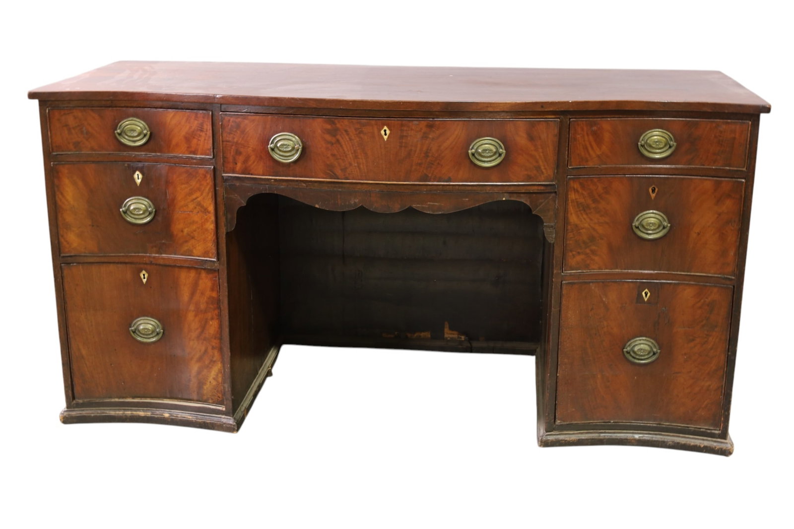LARGE 19TH CENTURY BUFFET: LARGE 19TH CENTURY BUFFET, FEDERAL 7 DRAWER BUFFET, FITTED LOWER DRAWER WITH GALVANIZED LINING. WEAR TO FINISH, VENEER DAMAGE.