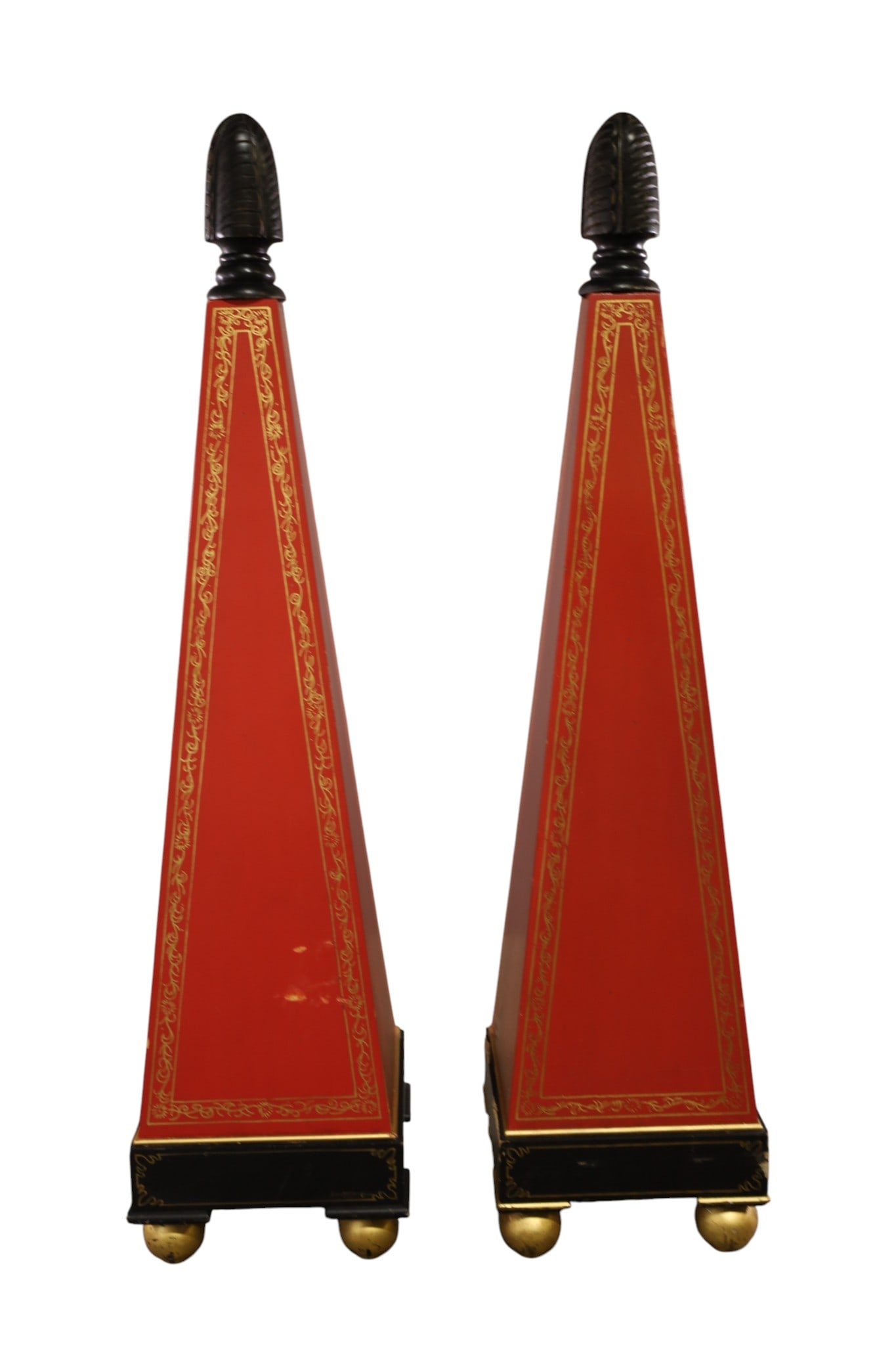 PAIR OF MONUMENTAL OBELISKS: PAIR OF LARGE OBELISKS, PAINTED FINISH, SOME PAINT LOSS. 67" H. THIS ITEM EXCEEDS SIZE LIMITATIONS FOR IN HOUSE SHIPPING, MUST BE PICKED UP IN HOUSE OR SHIPPED VIA 3rd PARTY GROUND SHIPPER.