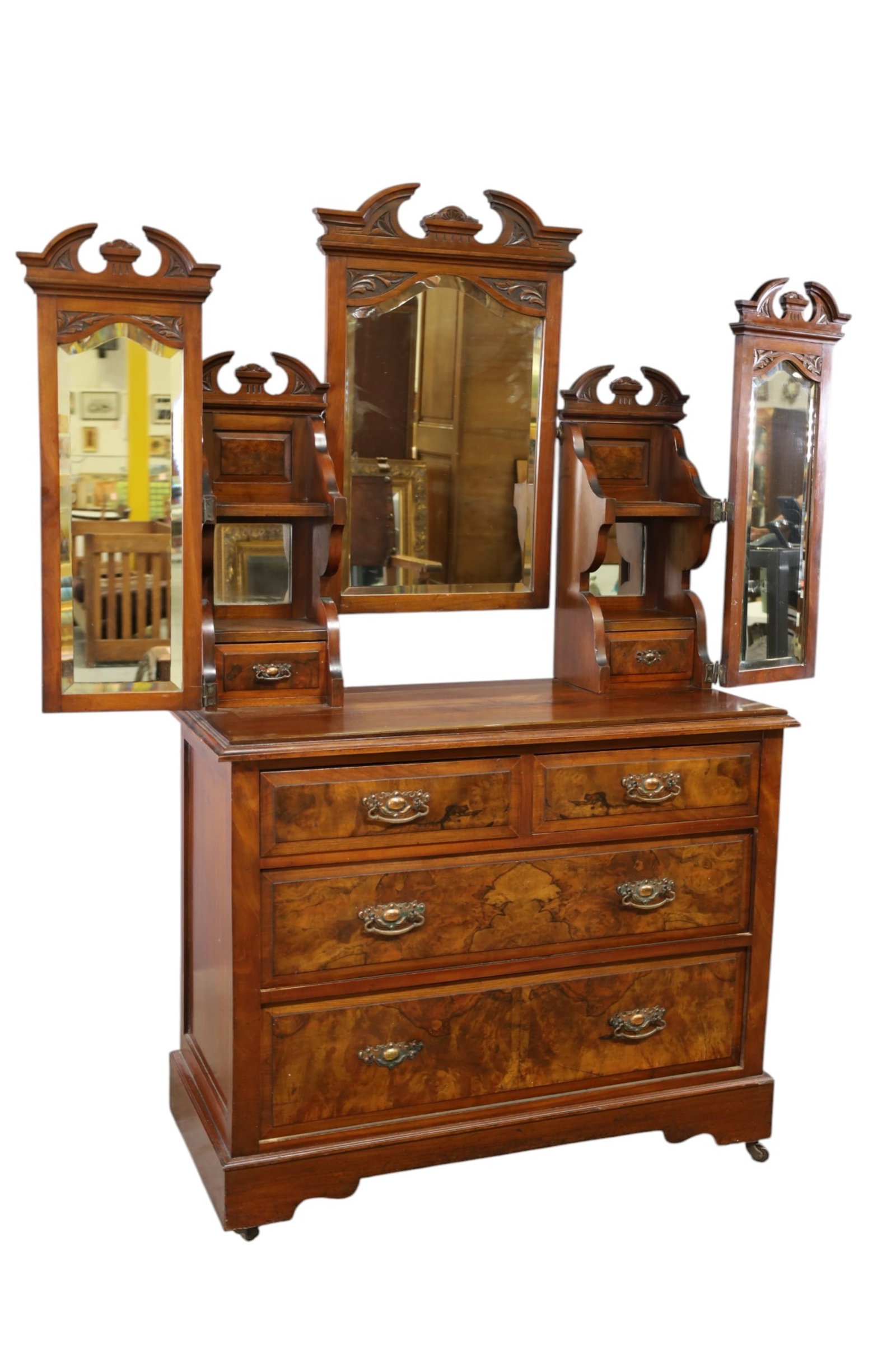 VICTORIAN BAT WING VANITY: LARGE VICTORIAN BAT WING VANITY, FLIP MIRRORS, WEAR TO FINISH .60" W x 19" D x 70" H. THIS ITEM EXCEEDS SIZE LIMITATIONS FOR IN HOUSE SHIPPING, MUST BE PICKED UP IN HOUSE OR SHIPPED VIA 3rd PARTY