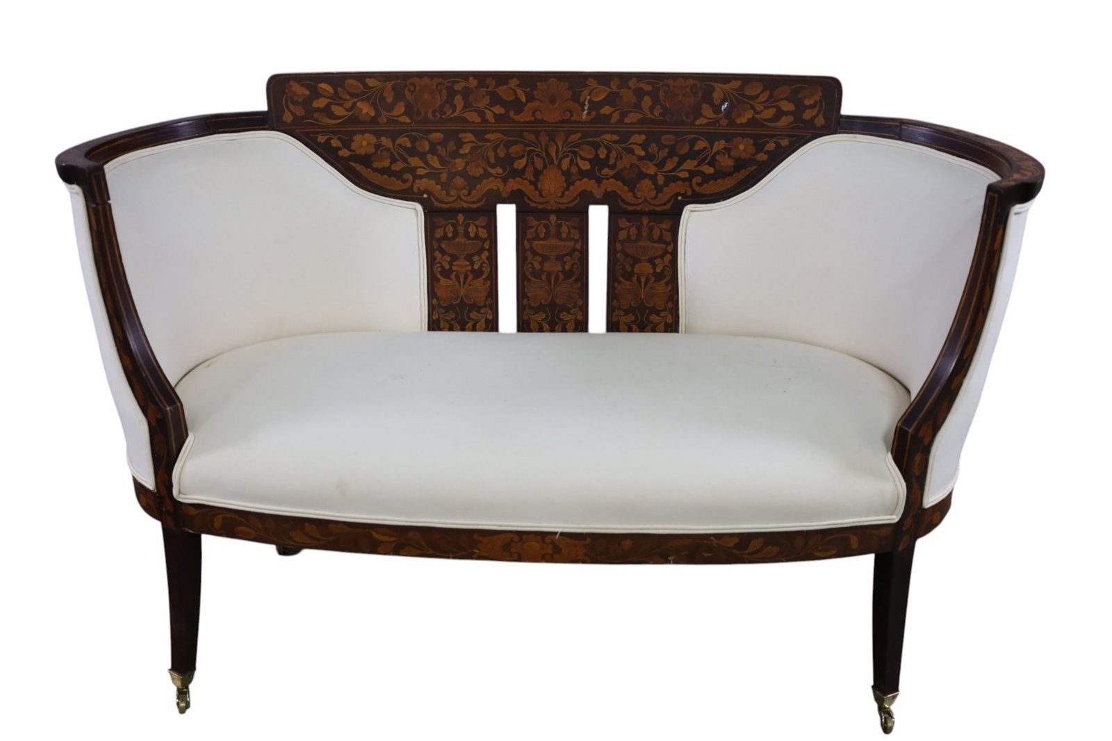 DUTCH MARQUETRY SETTEE: INLAID DUTCH MARQUETRY SETTEE, AGE SPLITS, STAINS. RIP TO UPHOLSTERY. 55" W x 27" D x 34" H. THIS ITEM EXCEEDS SIZE LIMITATIONS FOR IN HOUSE SHIPPING, MUST BE PICKED UP IN HOUSE OR SHIPPED VIA 3rd PAR