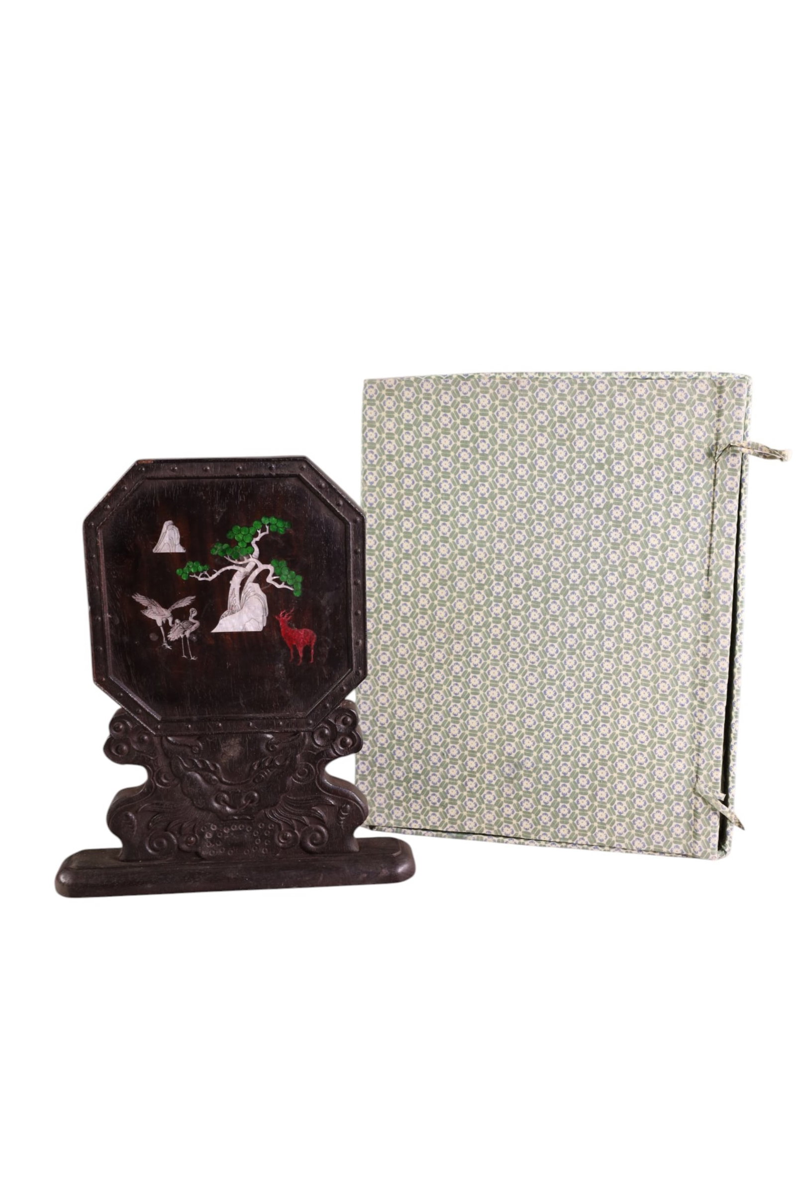 INLAID ASIAN TABLE SCREEN: INLAID WOODEN TABLE SCREEN, IN ORIGINAL BOX. 15" H.