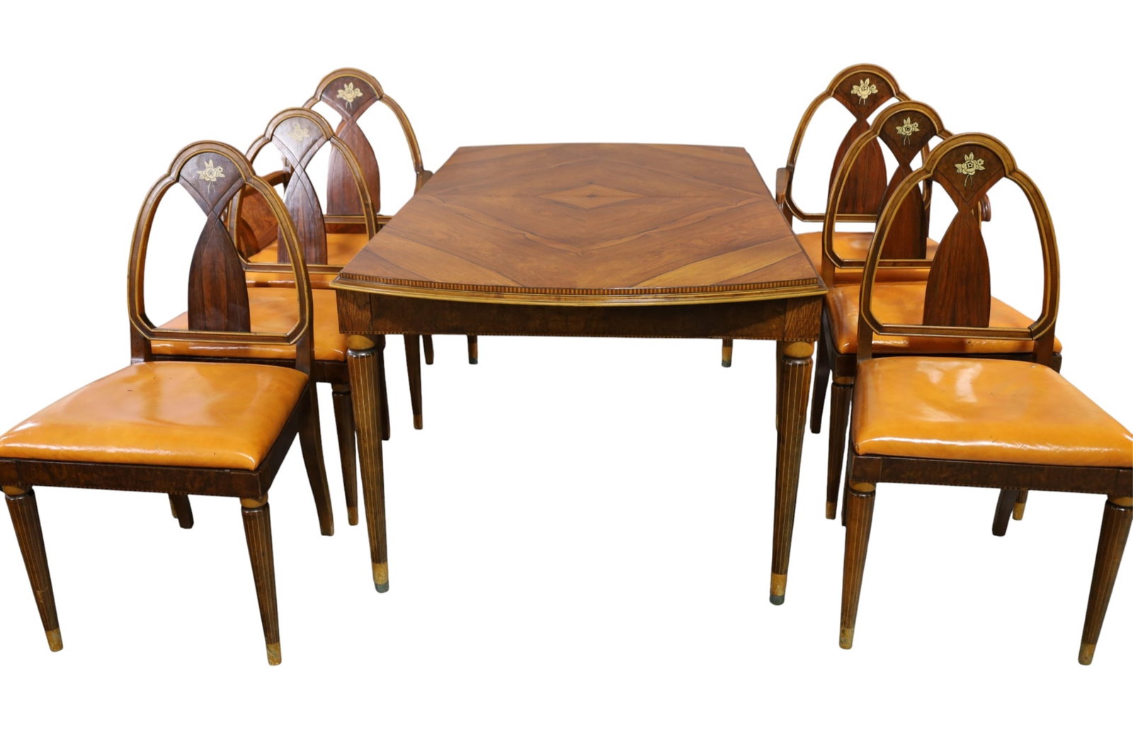 ART DECO DINING SET: ROSEWOOD ART DECO DINING SET, FLORAL DECAL DECORATION. 6 CHAIRS & TABLE WITH 2 LEAVES. 64" L x 36" W x 28" H. TABLE & 19" W x 18" D x 37" H. CHAIRS. & 2 11" SKIRTED LEAVES. THIS ITEM EXCEEDS SIZE