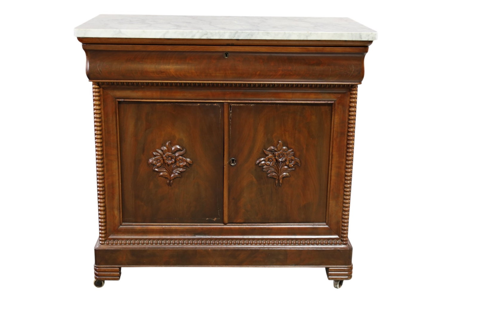19TH CENTURY MARBLE TOP SERVER: SINGLE DRAWER, TWO DOOR MARBLE TOP SERVER, AGE SPLITS. 36" W x 20" D x 34" H. THIS ITEM EXCEEDS SIZE LIMITATIONS FOR IN HOUSE SHIPPING, MUST BE PICKED UP IN HOUSE OR SHIPPED VIA 3rd PARTY GROUND