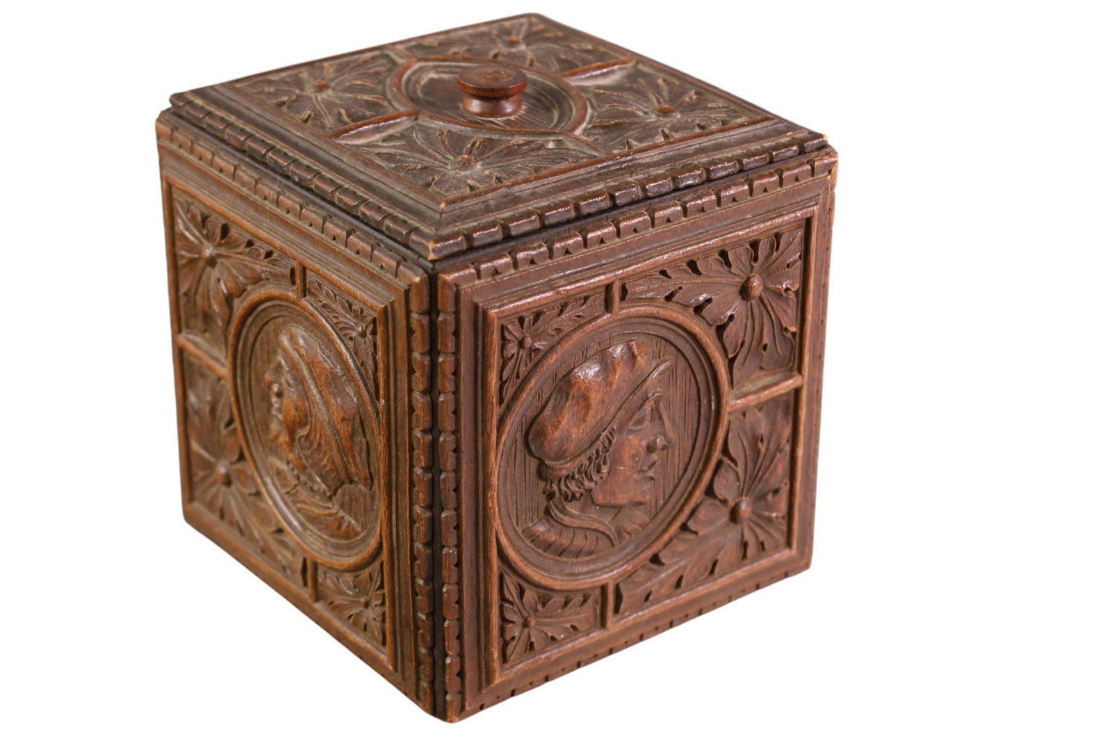 CARVED WOODEN HUMIDOR: HIGHLY CARVED WOODEN HUMIDOR, LIDDED. 6 1/2" W x 6 1/2" H.