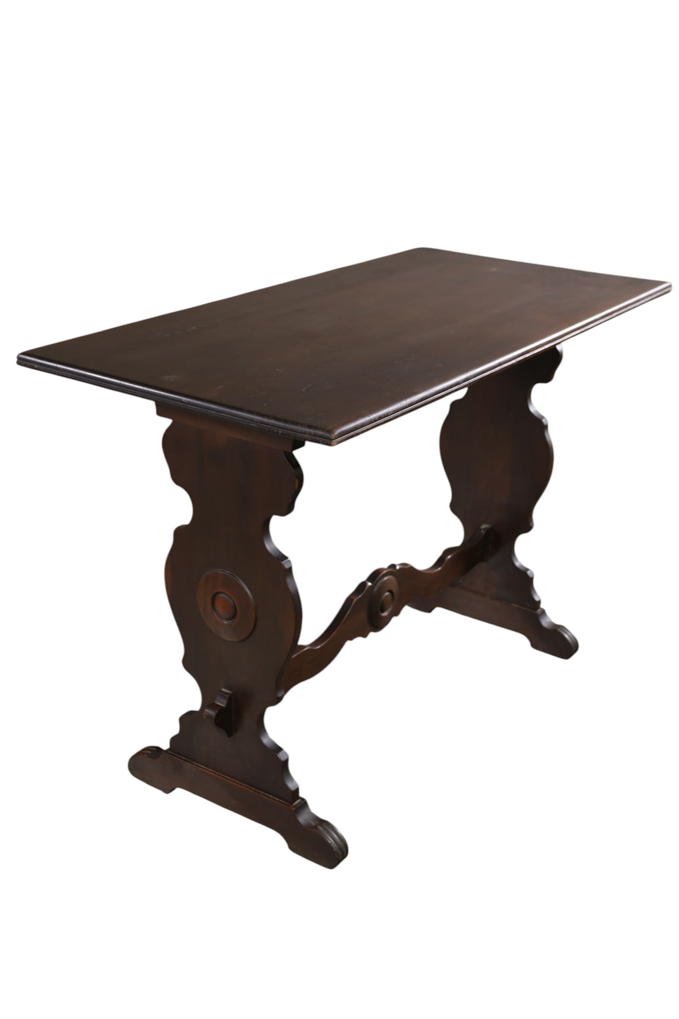 1930'S WALNUT HALL TABLE: 1930'S SPANISH HALL TABLE, MINOR WEAR TO FINISH. 44" W x 22" D x 30" H. THIS ITEM EXCEEDS SIZE LIMITATIONS FOR IN HOUSE SHIPPING, MUST BE PICKED UP IN HOUSE OR SHIPPED VIA 3rd PARTY GROUND SHIPPER.