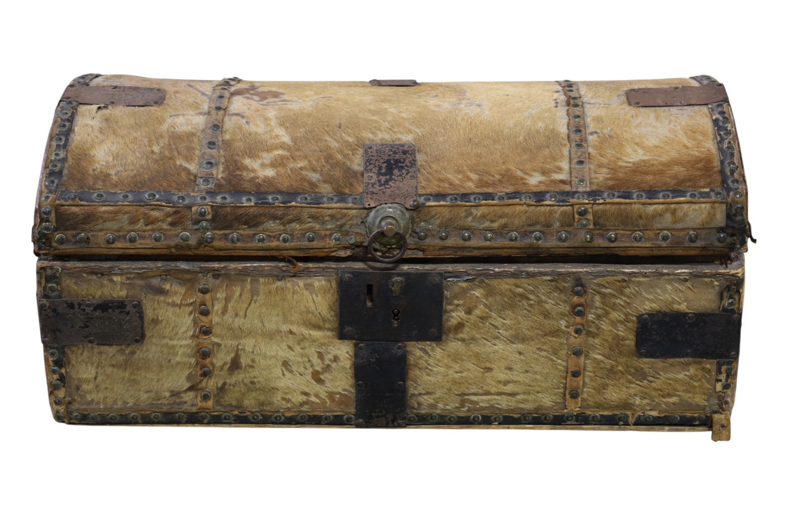 SMALL ANTIQUE COWHIDE TRUNK: SMALL HINGED LID TRUNK, HIDE COVERED. 27" W x 13" D x 12" H. THIS ITEM EXCEEDS SIZE LIMITATIONS FOR IN HOUSE SHIPPING, MUST BE PICKED UP IN HOUSE OR SHIPPED VIA 3rd PARTY GROUND SHIPPER.