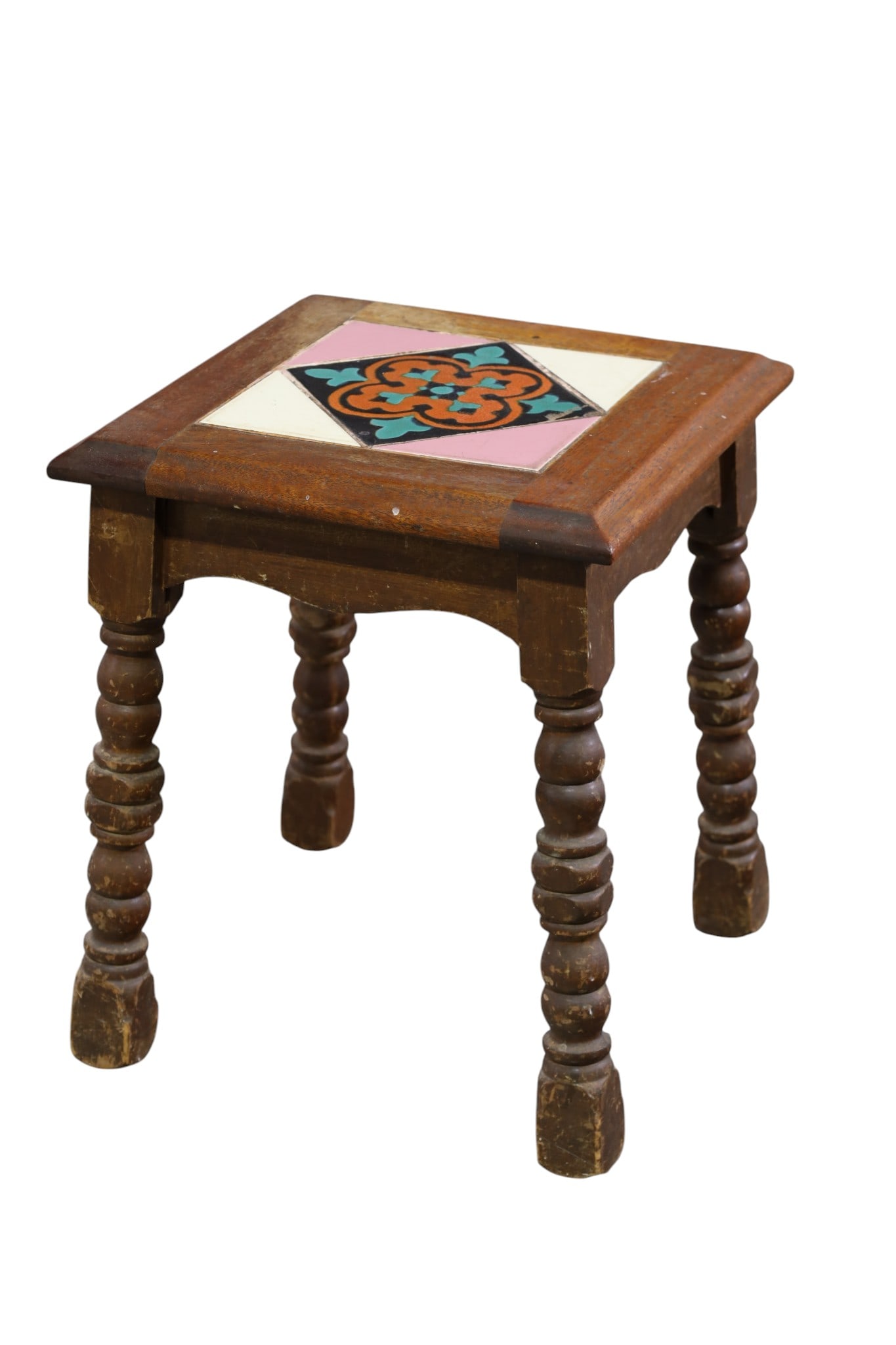 CALIFORNIA TILE TOP TABLE: SMALL TILE TOP TABLE, CRACK TO ONE TILE. 14" x 14" x 17" H. THIS ITEM EXCEEDS SIZE LIMITATIONS FOR IN HOUSE SHIPPING, MUST BE PICKED UP IN HOUSE OR SHIPPED VIA 3rd PARTY GROUND SHIPPER.