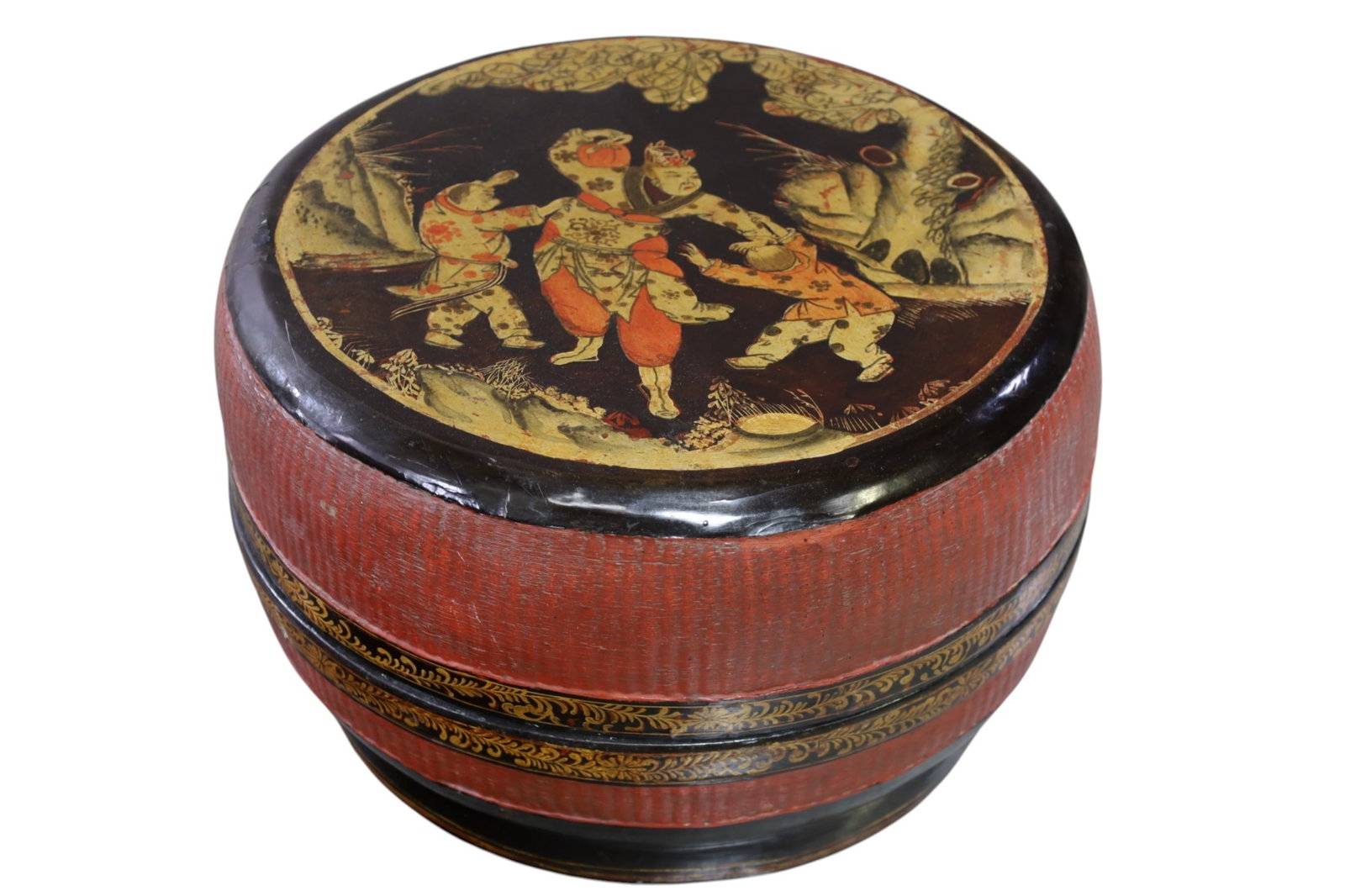 ASIAN LACQUERED BOX: LIDDED ASIAN LACQUERED BOX, 20" DIAM x 12" H. THIS ITEM EXCEEDS SIZE LIMITATIONS FOR IN HOUSE SHIPPING, MUST BE PICKED UP IN HOUSE OR SHIPPED VIA 3rd PARTY GROUND SHIPPER.