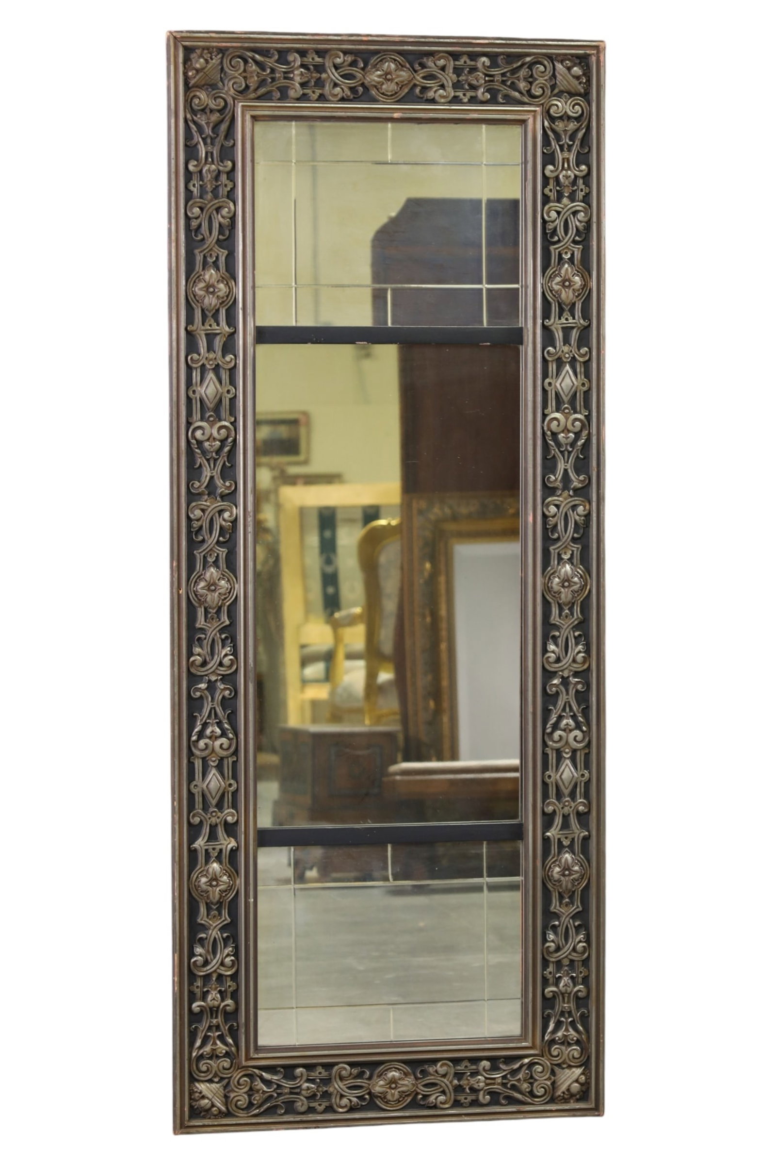 1920'S BEVELED WALL MIRROR: 3 PANEL BEVELED WALL MIRROR, SOME PAINT LOSS TO FRAME. 25" x 62" THIS ITEM EXCEEDS SIZE LIMITATIONS FOR IN HOUSE SHIPPING, MUST BE PICKED UP IN HOUSE OR SHIPPED VIA 3rd PARTY GROUND SHIPPER.