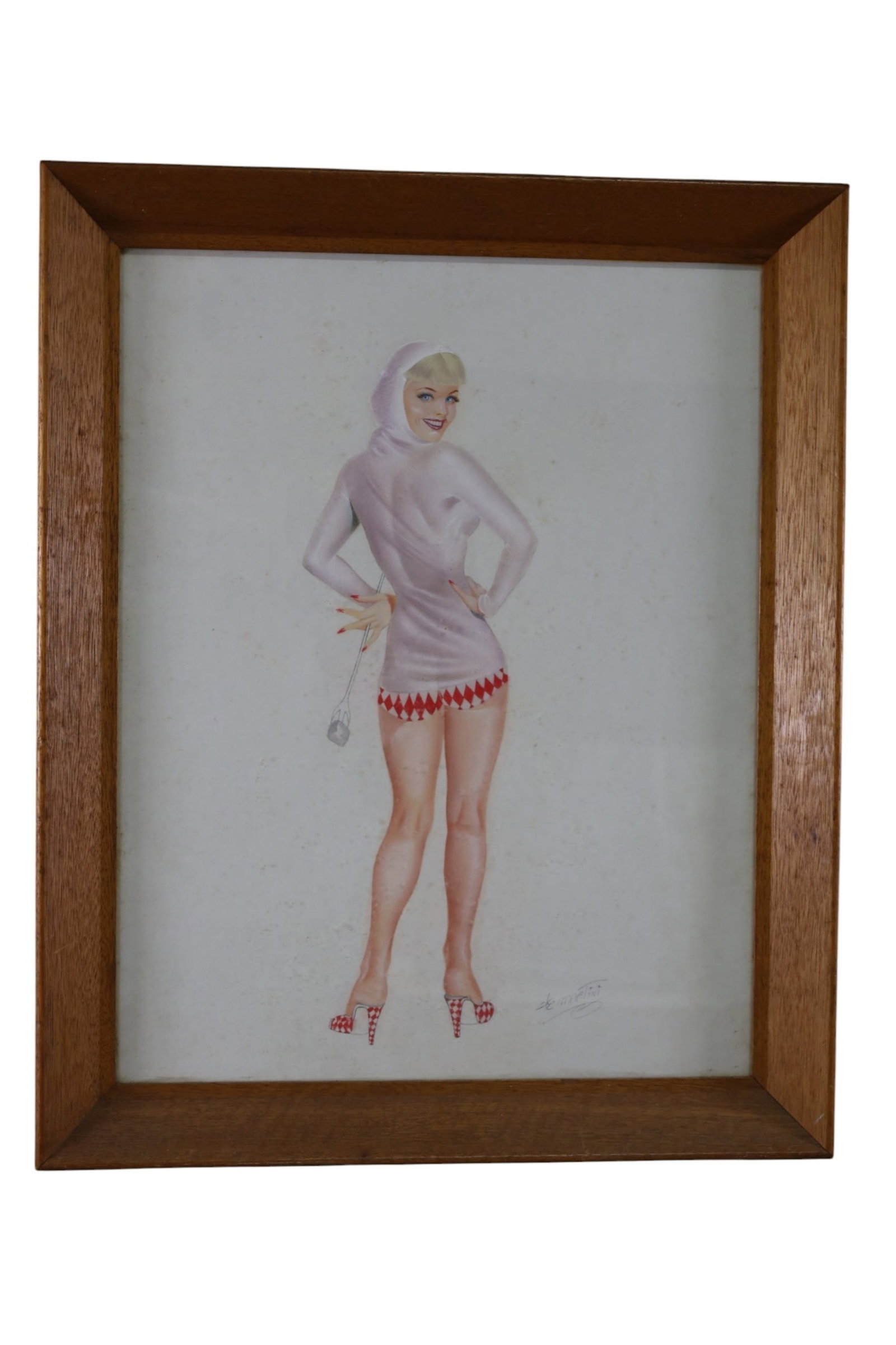 VARGAS STYLE PAINTING: LARGE VARGAS STYLE MIXED MEDIA PAINTING, PIN UP GIRL, SIGNED MARTINI. 27" x 33"