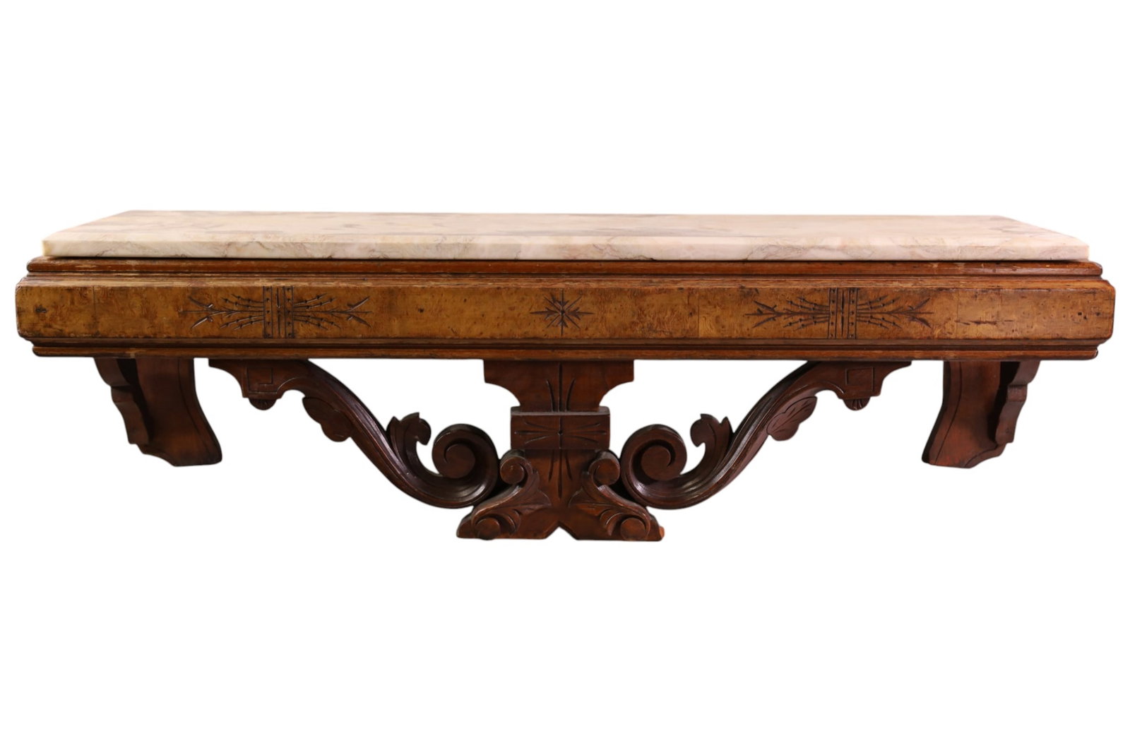 VICTORIAN WALL SHELF: MARBLE TOP VICTORIAN WALL SHELF, 36" W x 11" D x 10" H. THIS ITEM EXCEEDS SIZE LIMITATIONS FOR IN HOUSE SHIPPING, MUST BE PICKED UP IN HOUSE OR SHIPPED VIA 3rd PARTY GROUND SHIPPER.