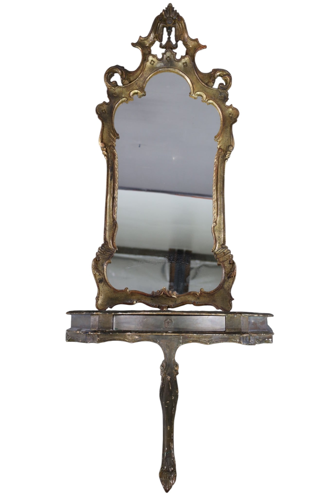CONSOLE AND MIRROR: GILT WOOD CONSOLE AND WALL MIRROR, SOME LOSS TO FINISH. 24" W &18" W x 38" H. THIS ITEM EXCEEDS SIZE LIMITATIONS FOR IN HOUSE SHIPPING, MUST BE PICKED UP IN HOUSE OR SHIPPED VIA 3rd PARTY GROUND