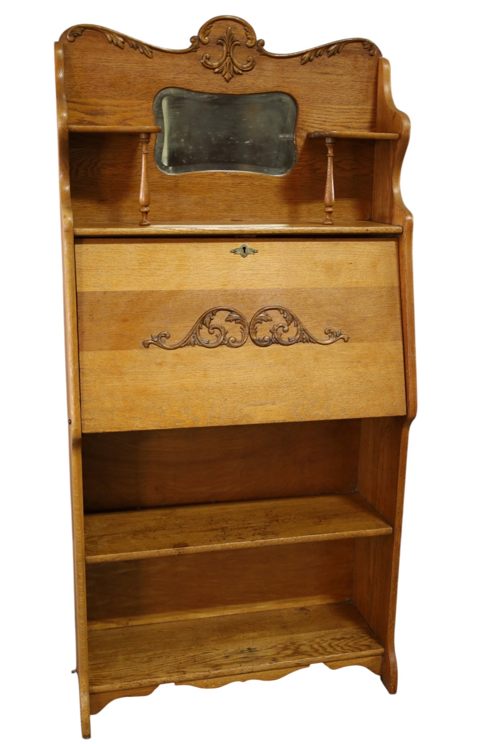 1900'S AM. OAK SECRETARY: OAK LARKIN STYLE DROP FRONT SECRETARY, SOME WEAR TO FINISH. 30" W x 12" D x 63" H. THIS ITEM EXCEEDS SIZE LIMITATIONS FOR IN HOUSE SHIPPING, MUST BE PICKED UP IN HOUSE OR SHIPPED VIA 3rd PARTY GROUND
