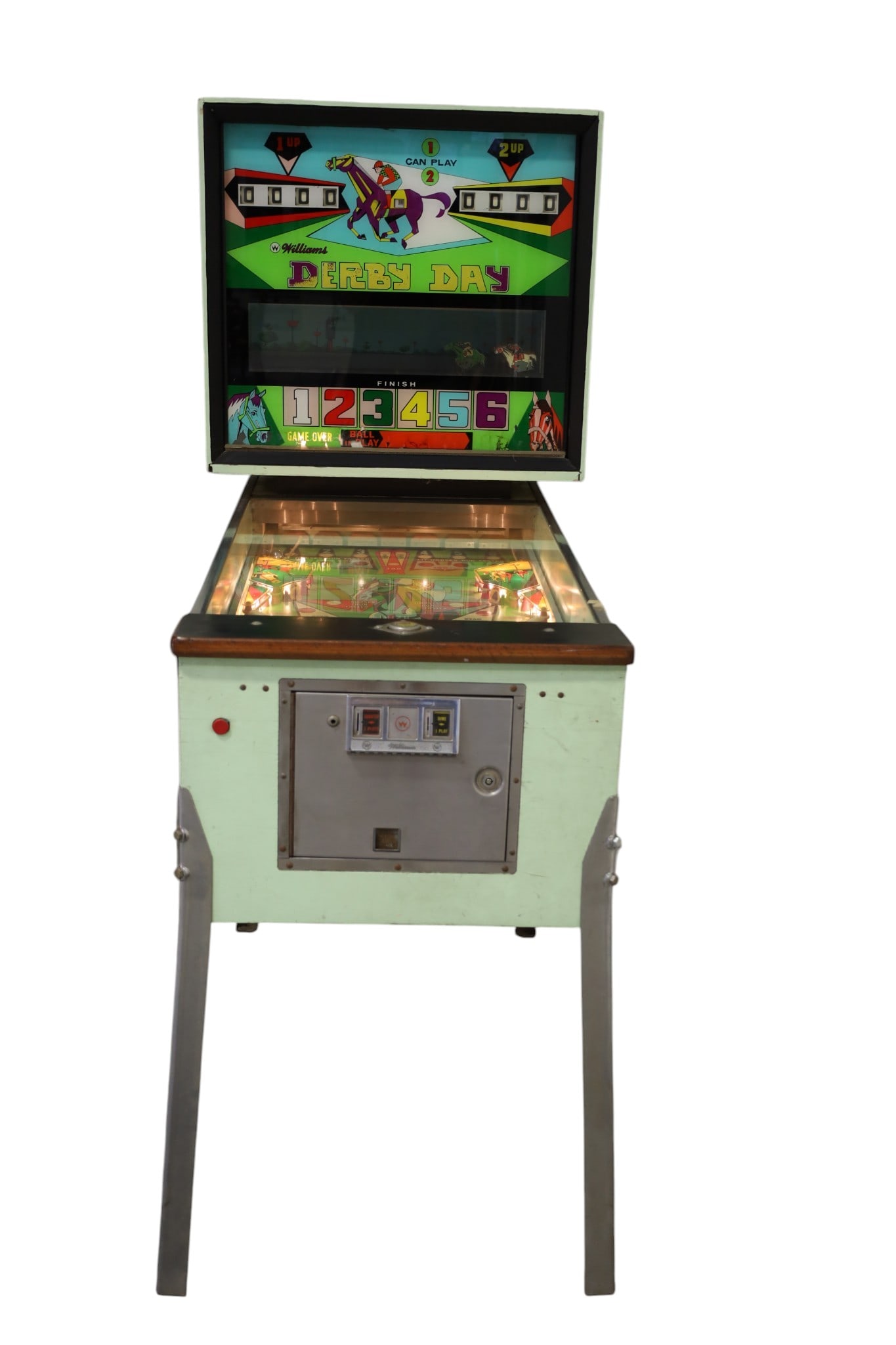 DERBY DAY PINBALL MACHINE: VINTAGE WILLIAMS DERBY DAY PINBALL MACHINE, LIGHTS UP, DOES NOT PLAY. MISSING SOME RUBBER BUMPERS. THIS ITEM EXCEEDS SIZE LIMITATIONS FOR IN HOUSE SHIPPING, MUST BE PICKED UP IN HOUSE OR SHIPPED VIA