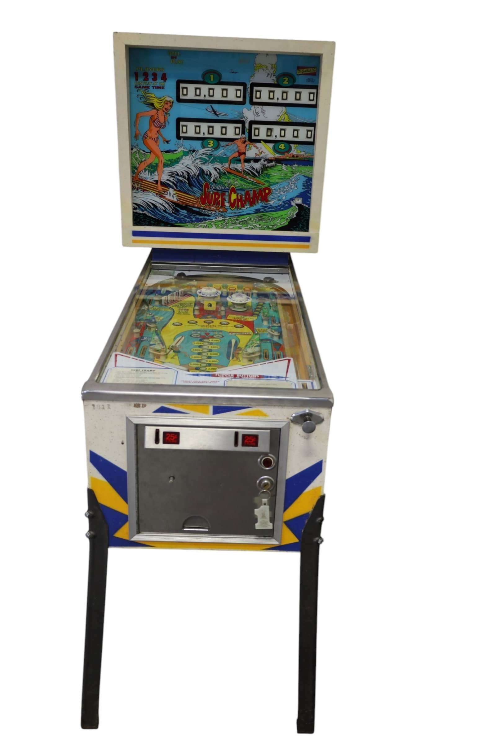 D. GOTTLIEB SURF CHAMP PINBALL: VINTAGE D. GOTTLIEB SURF CHAMP PINBALL MACHINE, DOES NOT POWER ON, SCRATCHES. THIS ITEM EXCEEDS SIZE LIMITATIONS FOR IN HOUSE SHIPPING, MUST BE PICKED UP IN HOUSE OR SHIPPED VIA 3rd PARTY GROUND