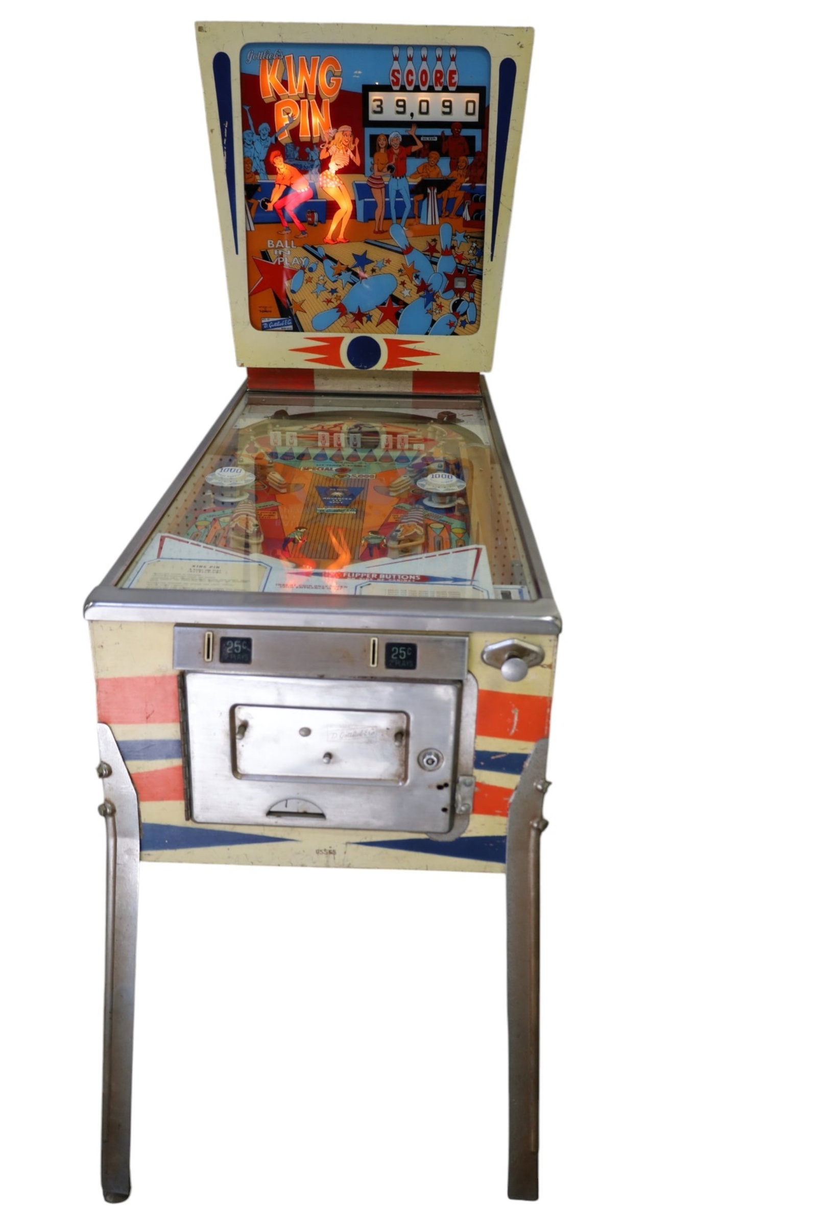 D. GOTTLIEB'S KING PIN PINBALL MACHINE: VINTAGE BOWLING PINBALL MACHINE, LIGHTS UP BUT DOES NOT WORK. THIS ITEM EXCEEDS SIZE LIMITATIONS FOR IN HOUSE SHIPPING, MUST BE PICKED UP IN HOUSE OR SHIPPED VIA 3rd PARTY GROUND SHIPPER.