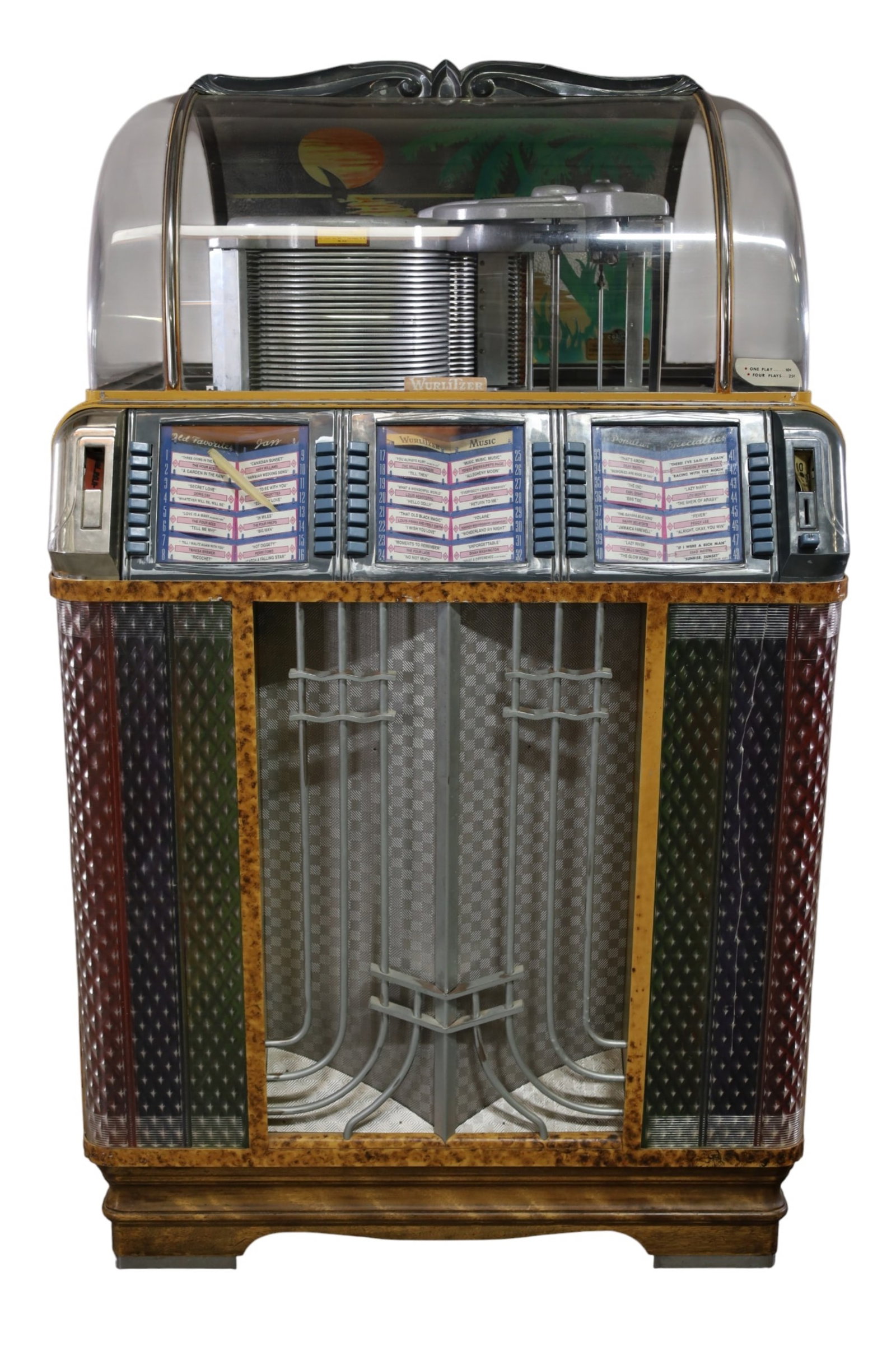 WURLITZER JUKEBOX: WURLIZTER MODEL 1400 JUKEBOX, LIGHTS UP, WITH KEYS AND MANUAL. UNKNOWN WORKING ORDER. THIS ITEM EXCEEDS SIZE LIMITATIONS FOR IN HOUSE SHIPPING, MUST BE PICKED UP IN HOUSE OR SHIPPED VIA 3rd PARTY