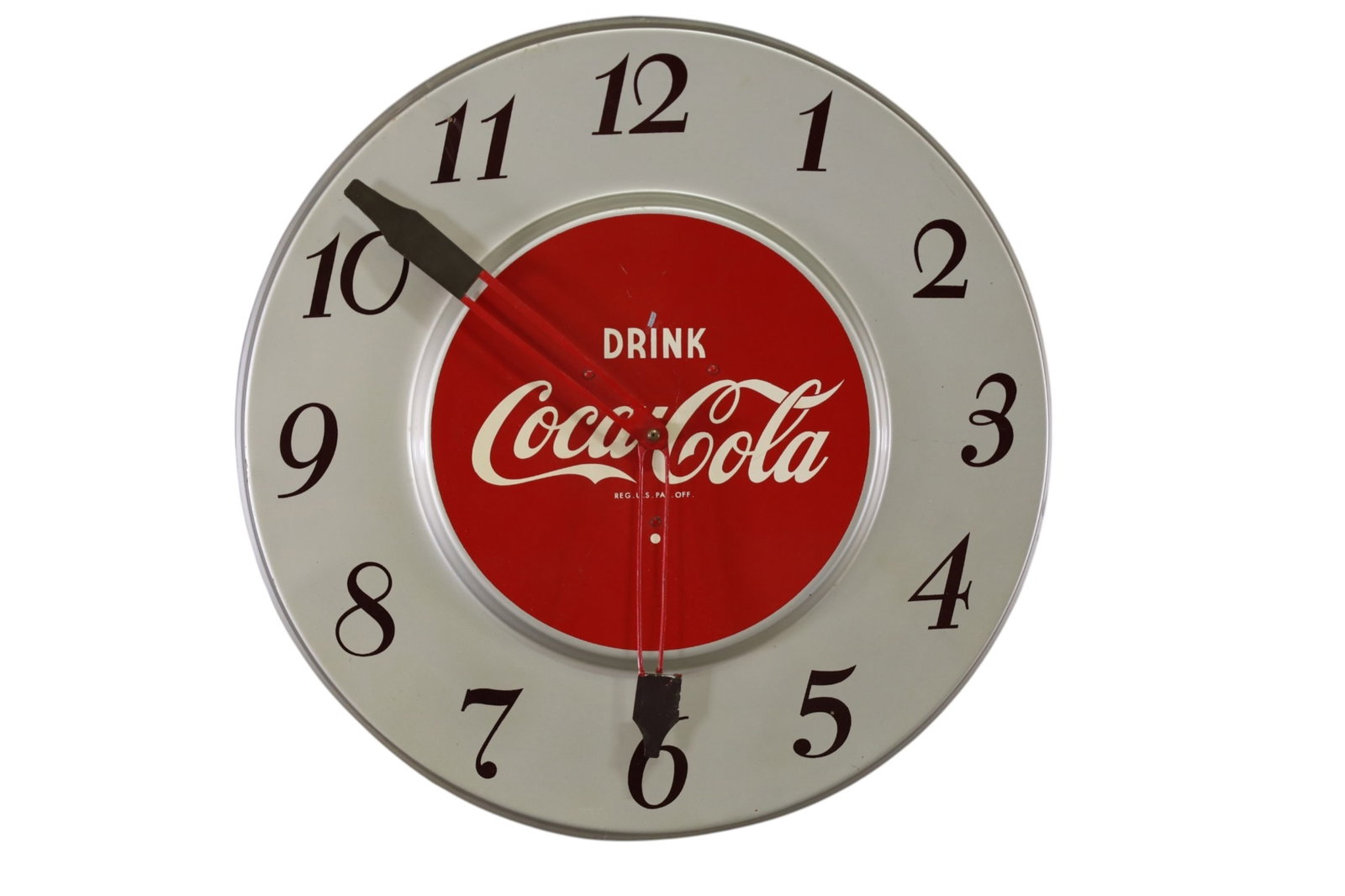 COCA COLA CLOCK: ELECTRIFIED COCA COLA WALL CLOCK, TOASTMASTER. MODEL 39. DAMAGE TO HANDS. 18" DIAM.