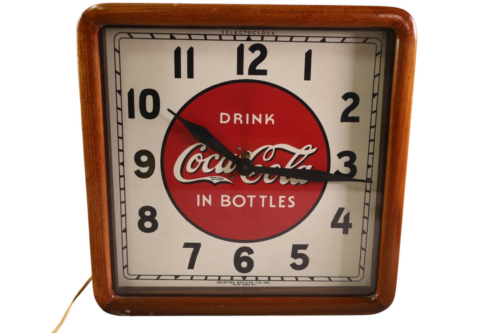 COCA COLA CLOCK: COCA COLA WALL CLOCK IN WOODEN FRAME, SELECTOCLOCK, 16" x 16"