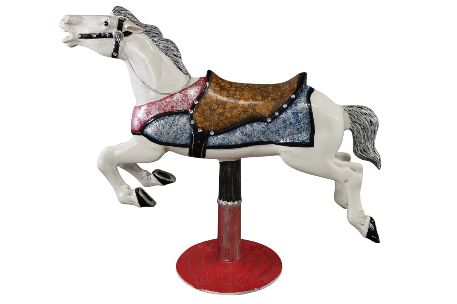 CUSTOM PAINTED CAROUSEL HORSE: CUSTOM PAINTED COCA COLA ALUMINUM CAROUSEL HORSE, 57" L x 50" H. THIS ITEM EXCEEDS SIZE LIMITATIONS FOR IN HOUSE SHIPPING, MUST BE PICKED UP IN HOUSE OR SHIPPED VIA 3rd PARTY GROUND SHIPPER.