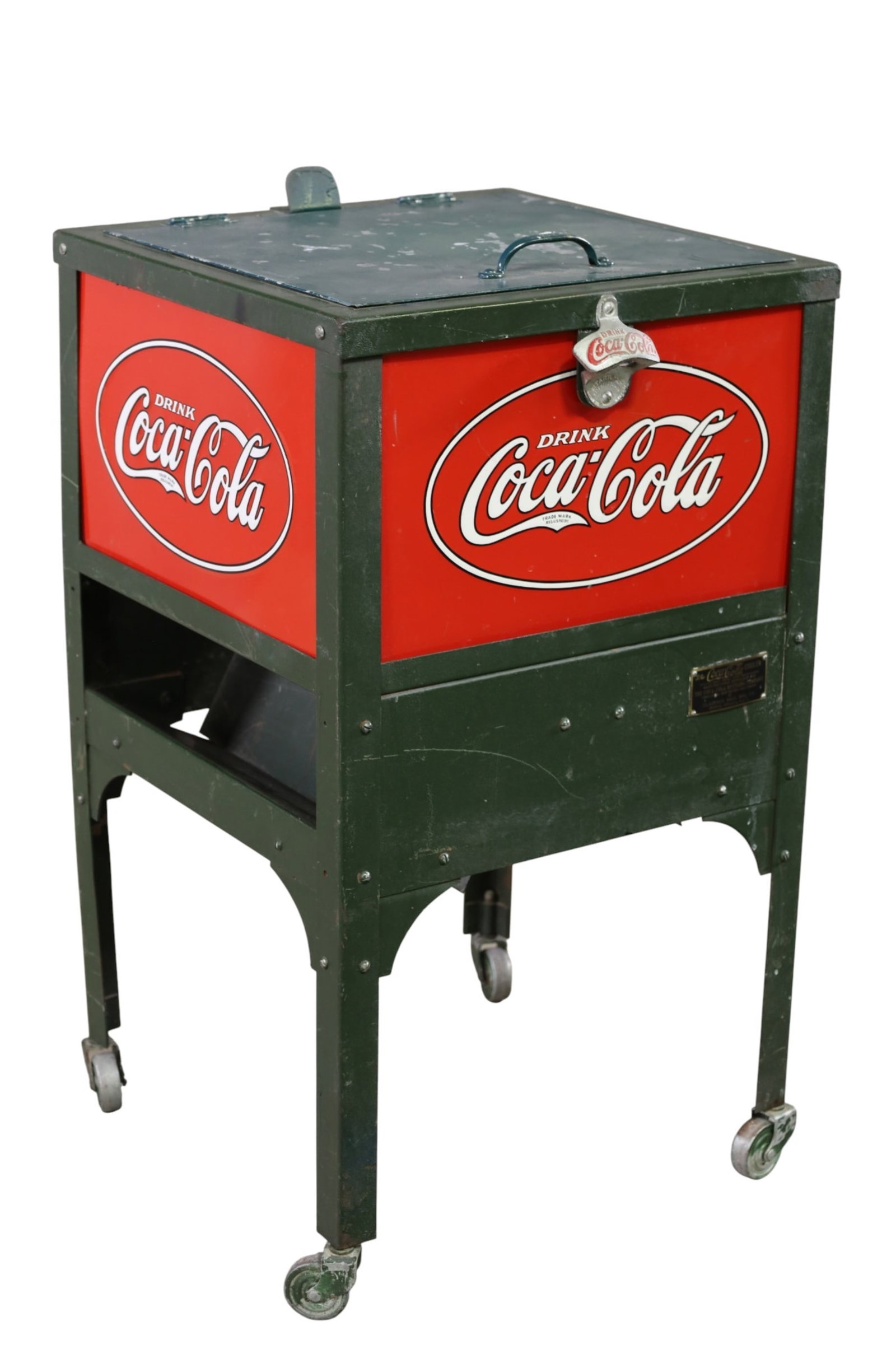 GLASCOCK JUNIOR COCA COLA COOLER: COCA COLA GLASCOCK JUNIOR COOLER, PAINT LOSS AND SCRATCHES. 17 1/2" x 17 1/2" x 30 1/2" H. THIS ITEM EXCEEDS SIZE LIMITATIONS FOR IN HOUSE SHIPPING, MUST BE PICKED UP IN HOUSE OR SHIPPED VIA 3rd