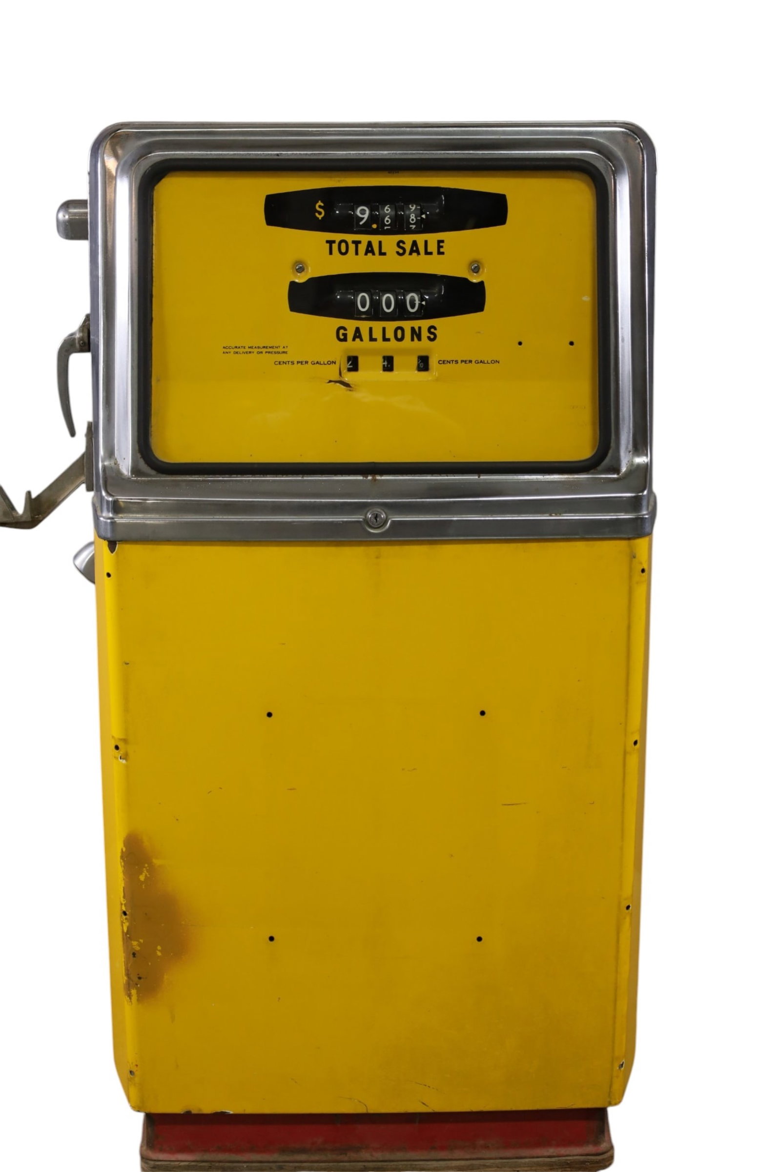 WAYNE 400 GAS PUMP: VINTAGE WAYNE 400 GAS PUMP, CHROME AND ENAMEL GAS PUMP, NO HOSE OR NOZZLE. SOME CHIPS TO ENAMEL. 28" W x 19" D x 49" H. THIS ITEM EXCEEDS SIZE LIMITATIONS FOR IN HOUSE SHIPPING, MUST BE PICKED UP IN