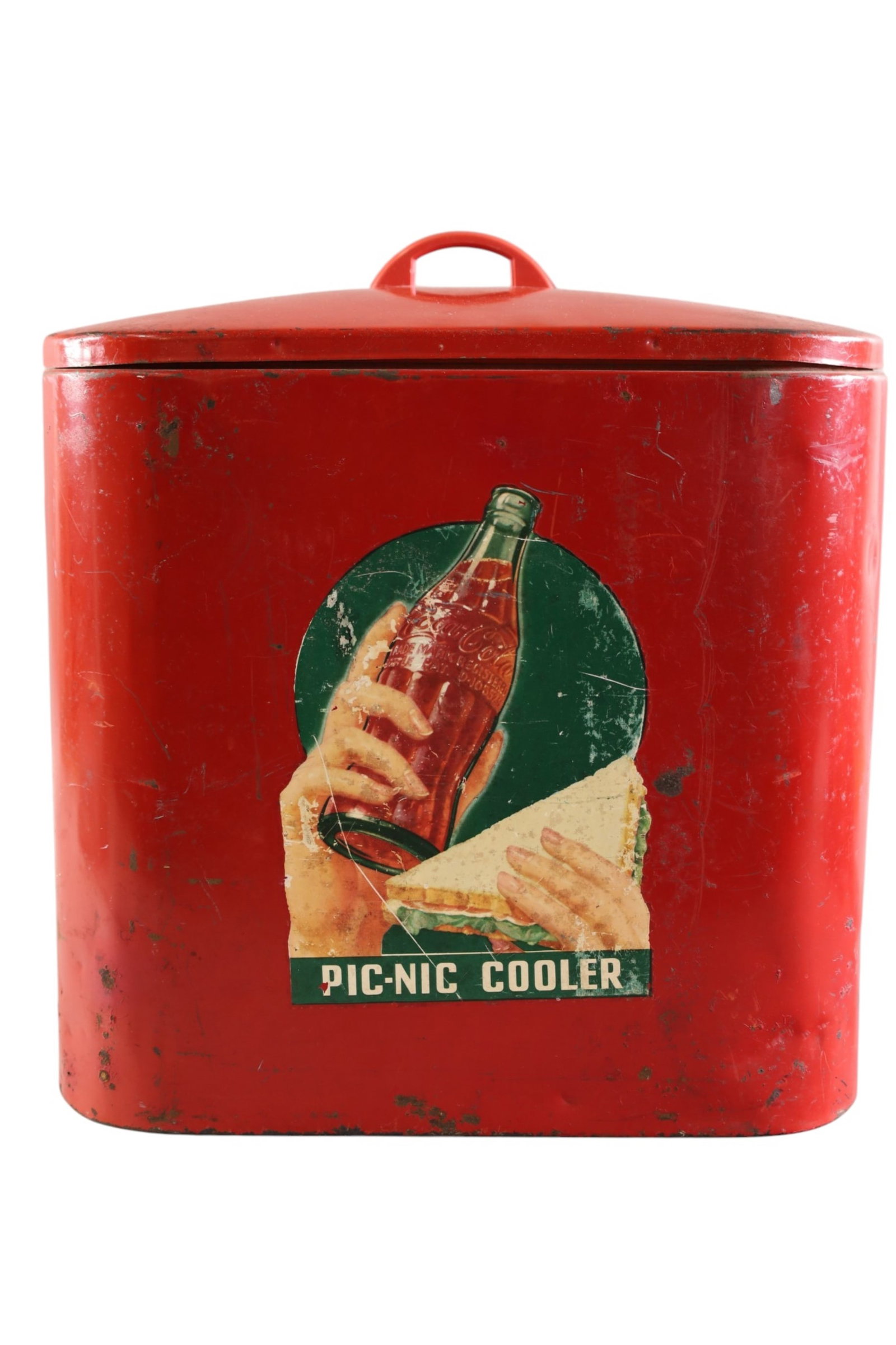 COCA COLA COOLER: PIC-NIC COCA COLA COOLER WITH BAKELITE HANDLE, PAINT LOSS AND CRACK TO HANDLE. 12 1/2" x 13" H