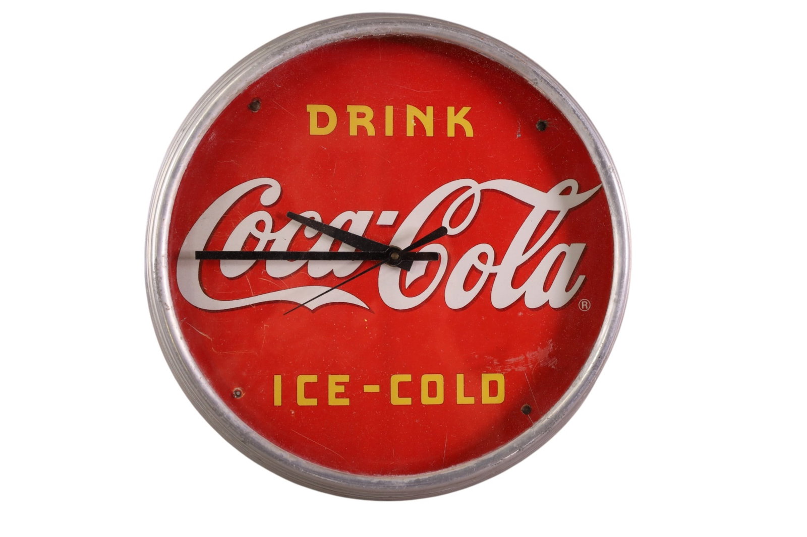 COCA COLA CLOCK: DRINK COCA COLA ICE COLD CLOCK, CONVERTED TO BATTERY OP. 11" DIAM.