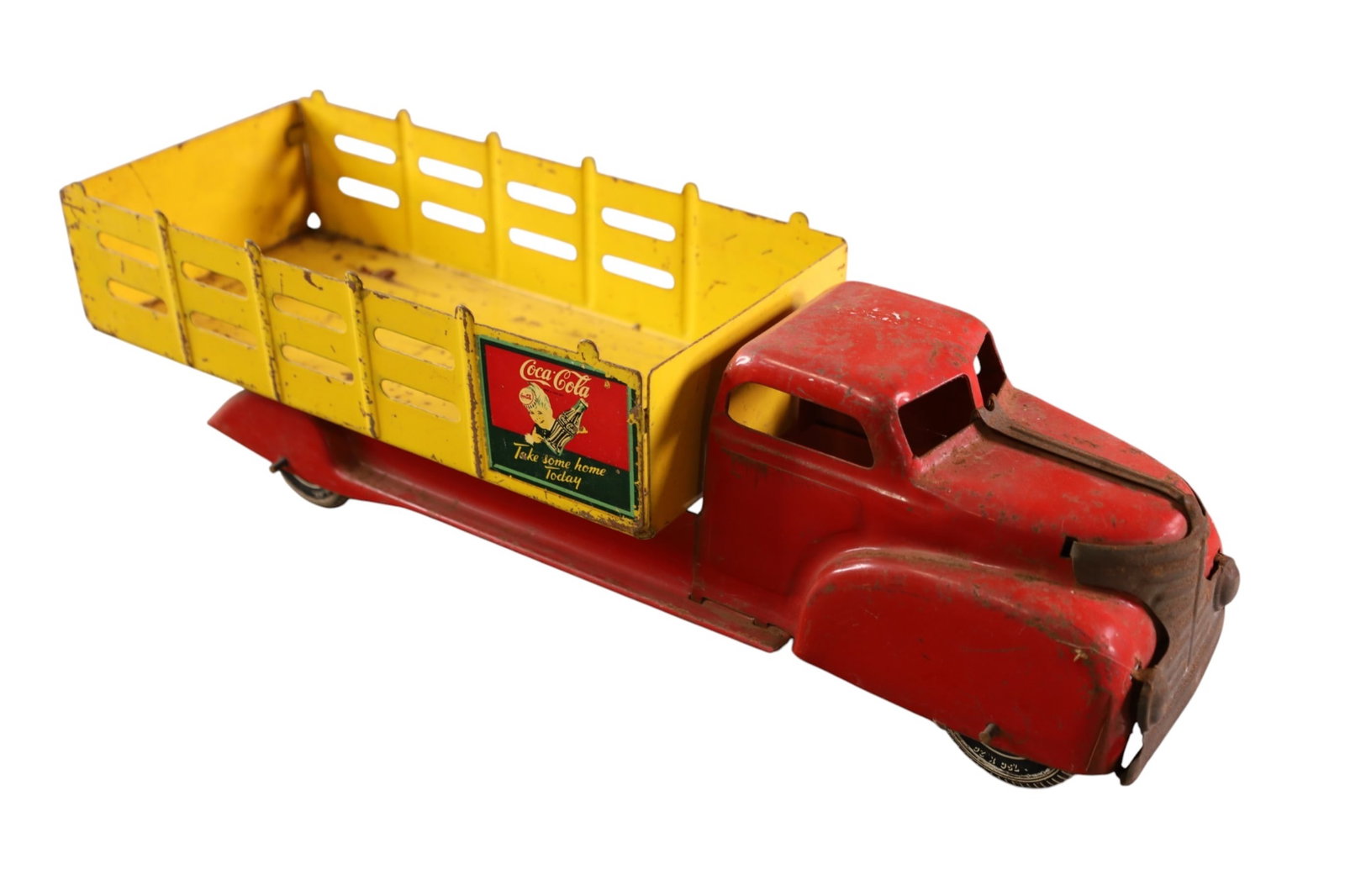 MARX COCA COLA TRUCK: LOUIS MARX & CO TIN LITHO COCA COLA TAKE SOME HOME TODAY TRUCK, RUST AND PAINT LOSS. 20 1/2" L.