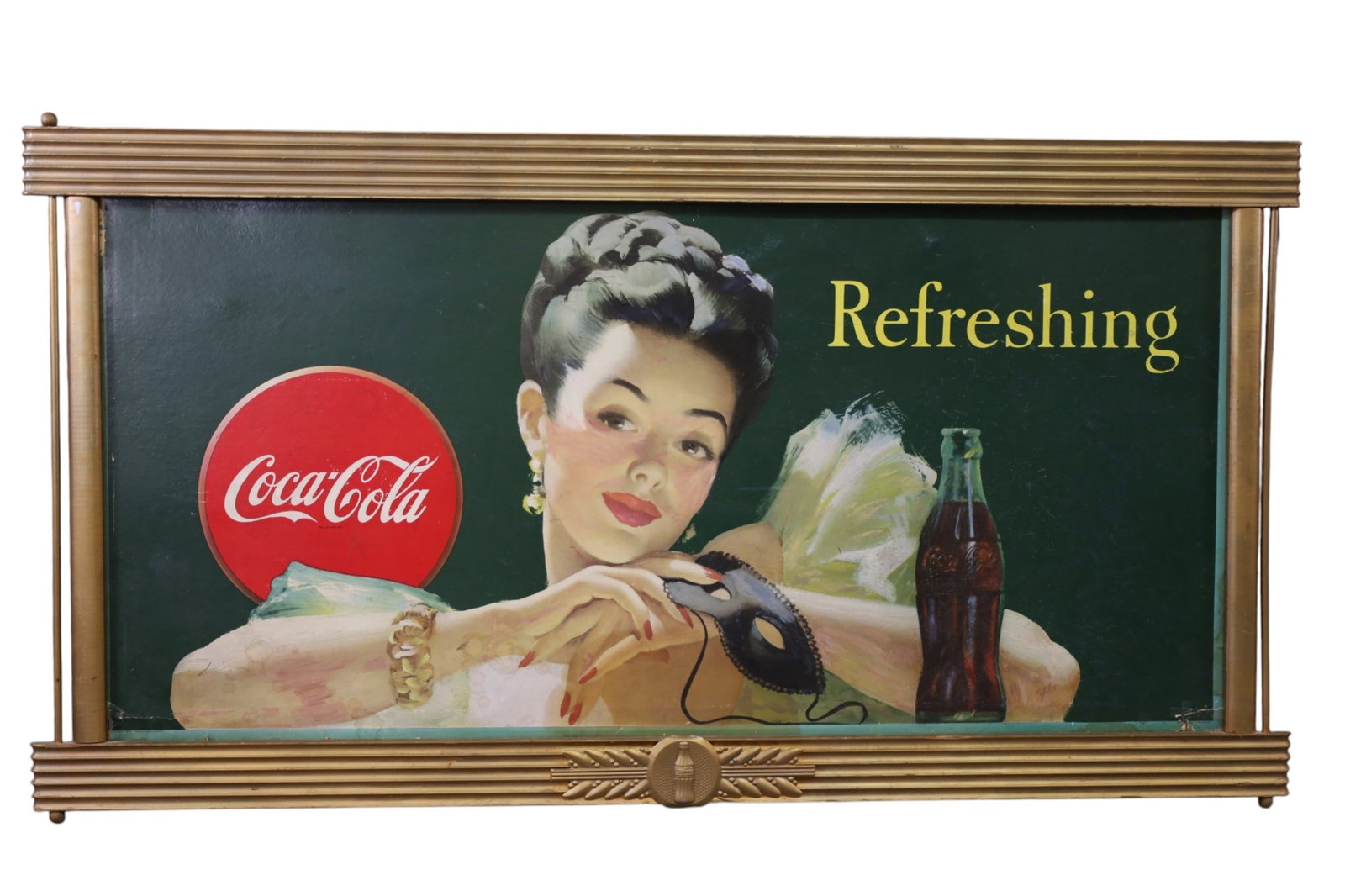 COCA COLA CARDBOARD ADVERTISMENT: LARGE FRAMED COCA COLA CARDBAORD REFRESHING 1946 AD. DAMAGE ALONG EDGES OF CARDBOARD. STAINS. 62 1/2" W x 33" H. THIS ITEM EXCEEDS SIZE LIMITATIONS FOR IN HOUSE SHIPPING, MUST BE PICKED UP IN HOUSE